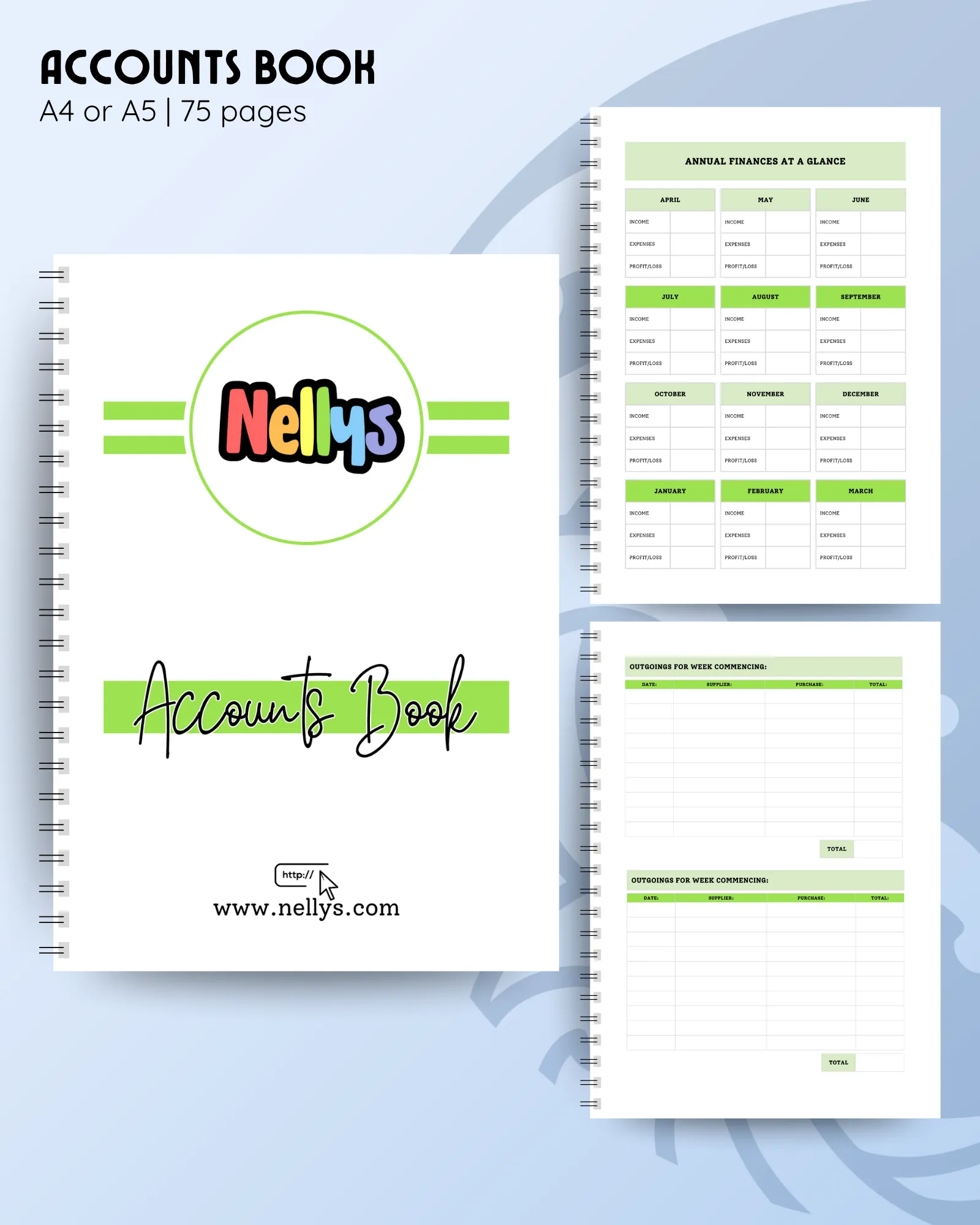 Accounts book with colours to match your brand, add your logo to the cover. Inside finance tracking pages for income and expenses.