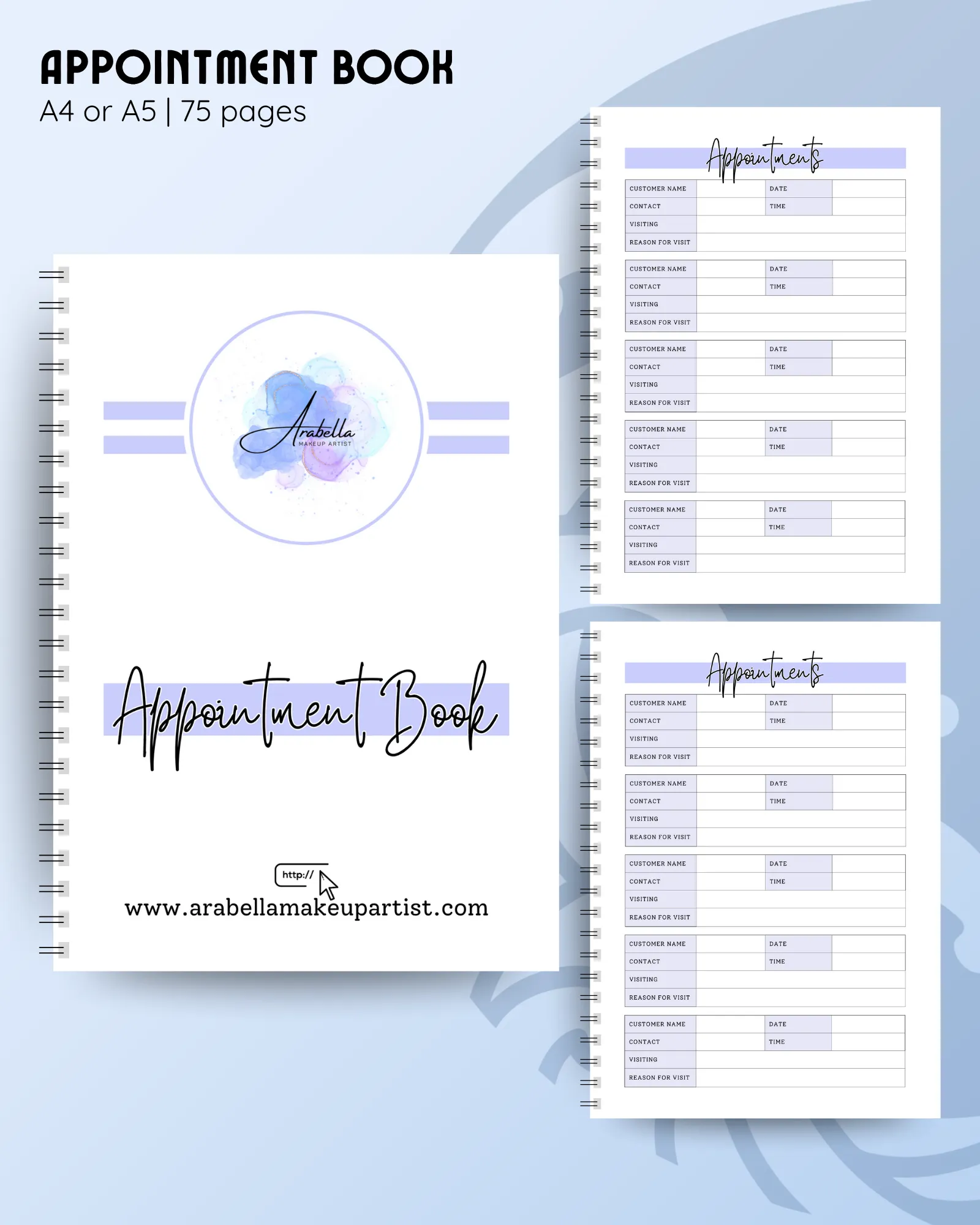 Appointment book with custom brand colours and logo to cover, and inside pages for customer details, date, time and reason for visit.