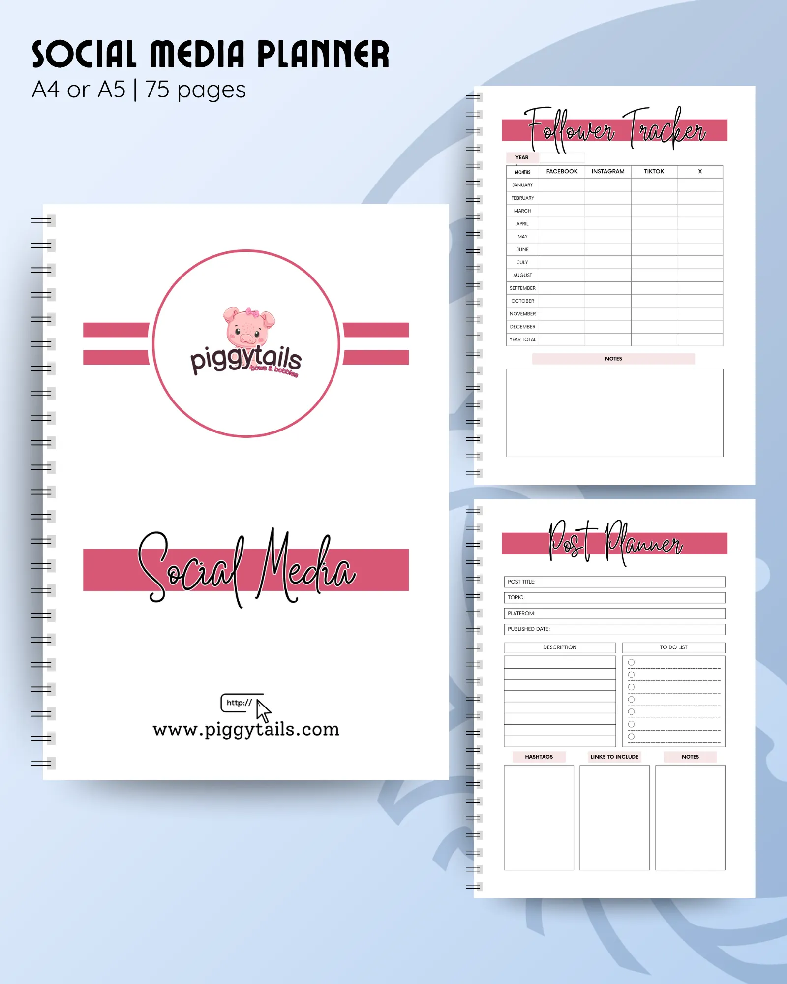 Social media planner with custom logo and brand colours to cover, and inside pages for follower tracking and post planning.