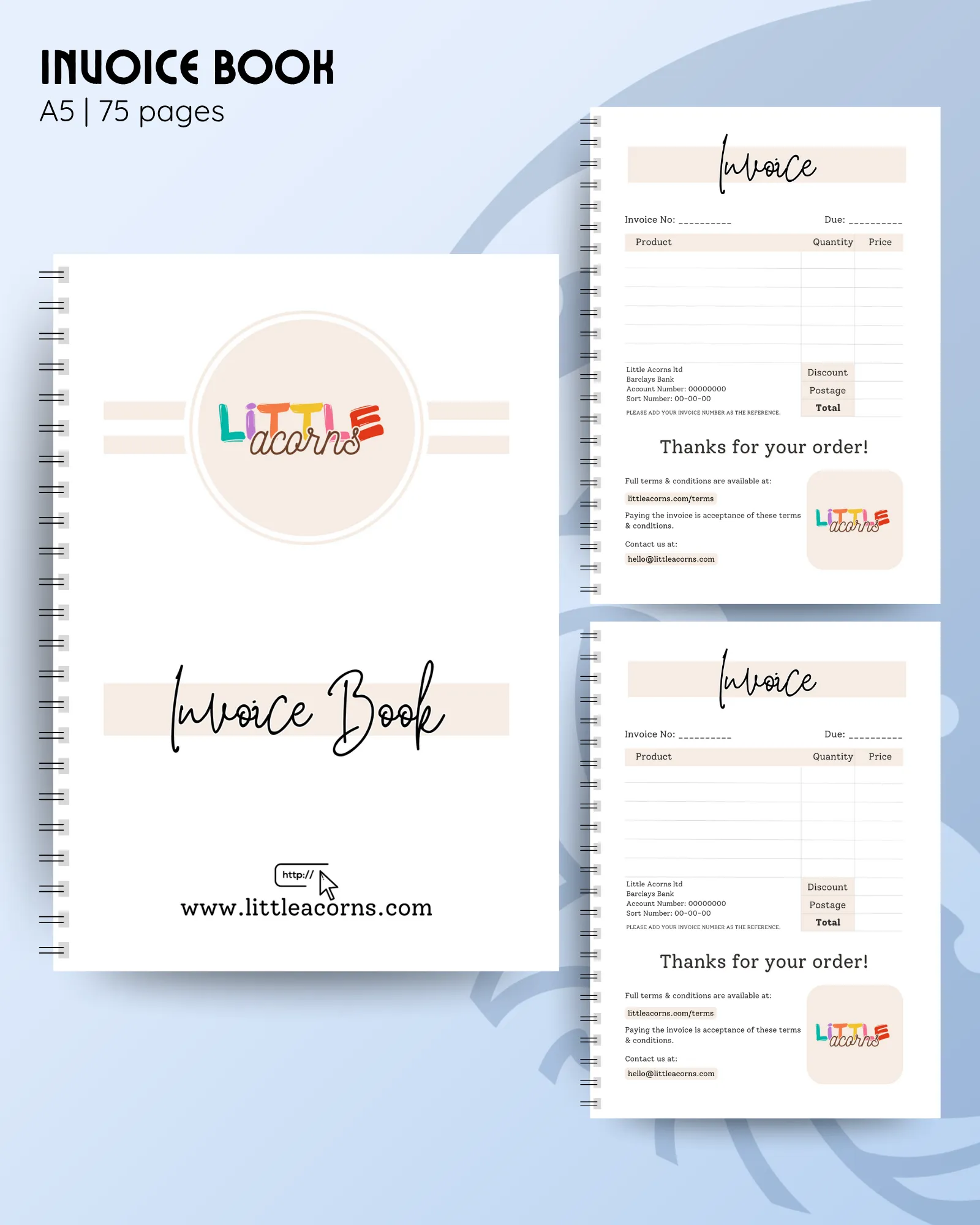 A5 invoice book with custom colours and logo to cover, and inside invoice pages with product, quantity, price and totals sections.