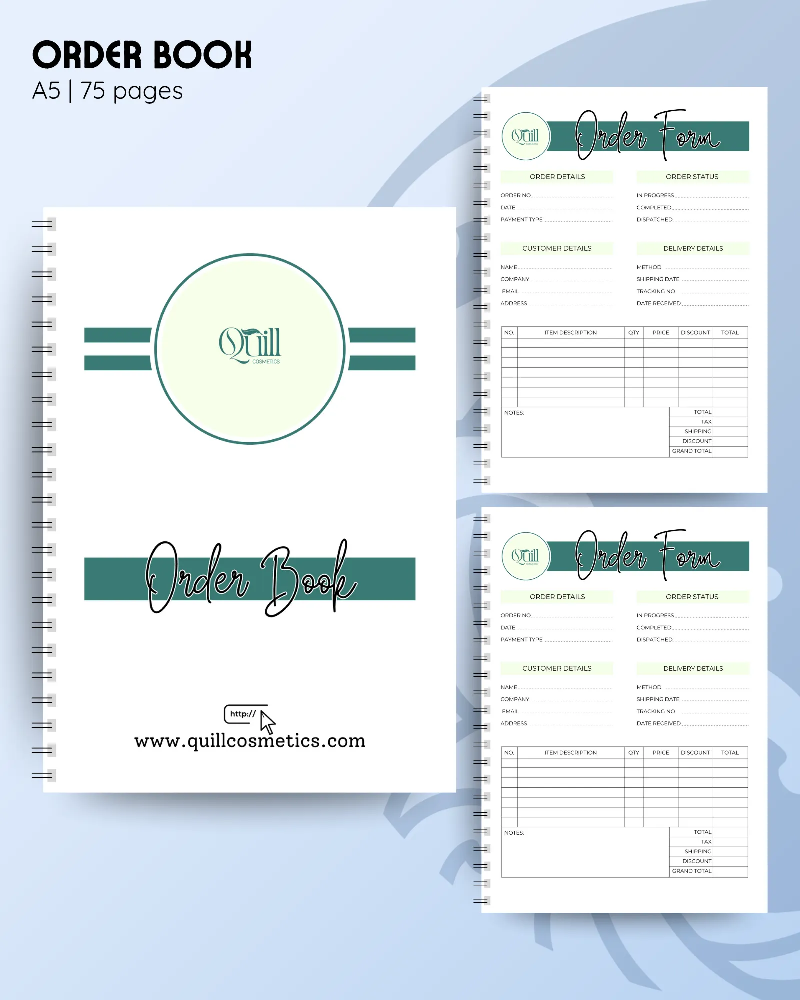 A5 order book with custom colours and logo to cover, and inside order form pages with customer details, delivery details and totals.
