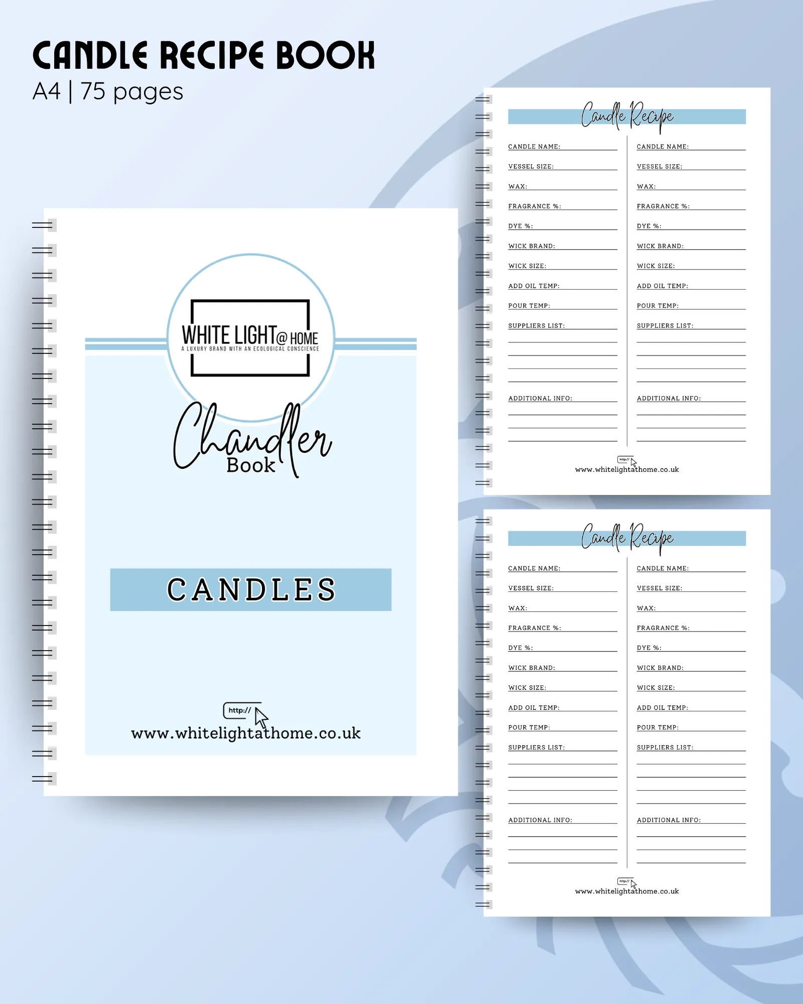 A4 candle recipe book with custom colours and logo, and inside pages to record candle ingredients, wick size and suppliers.