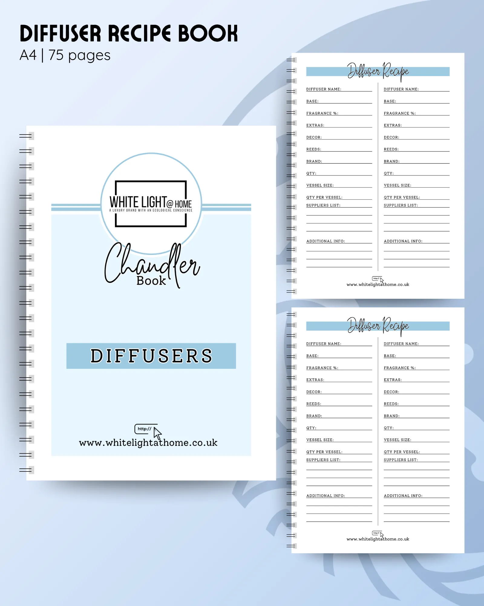 A4 diffuser recipe book with custom colours and logo, and inside pages to record diffuser base, fragrance percentage and vessel size.
