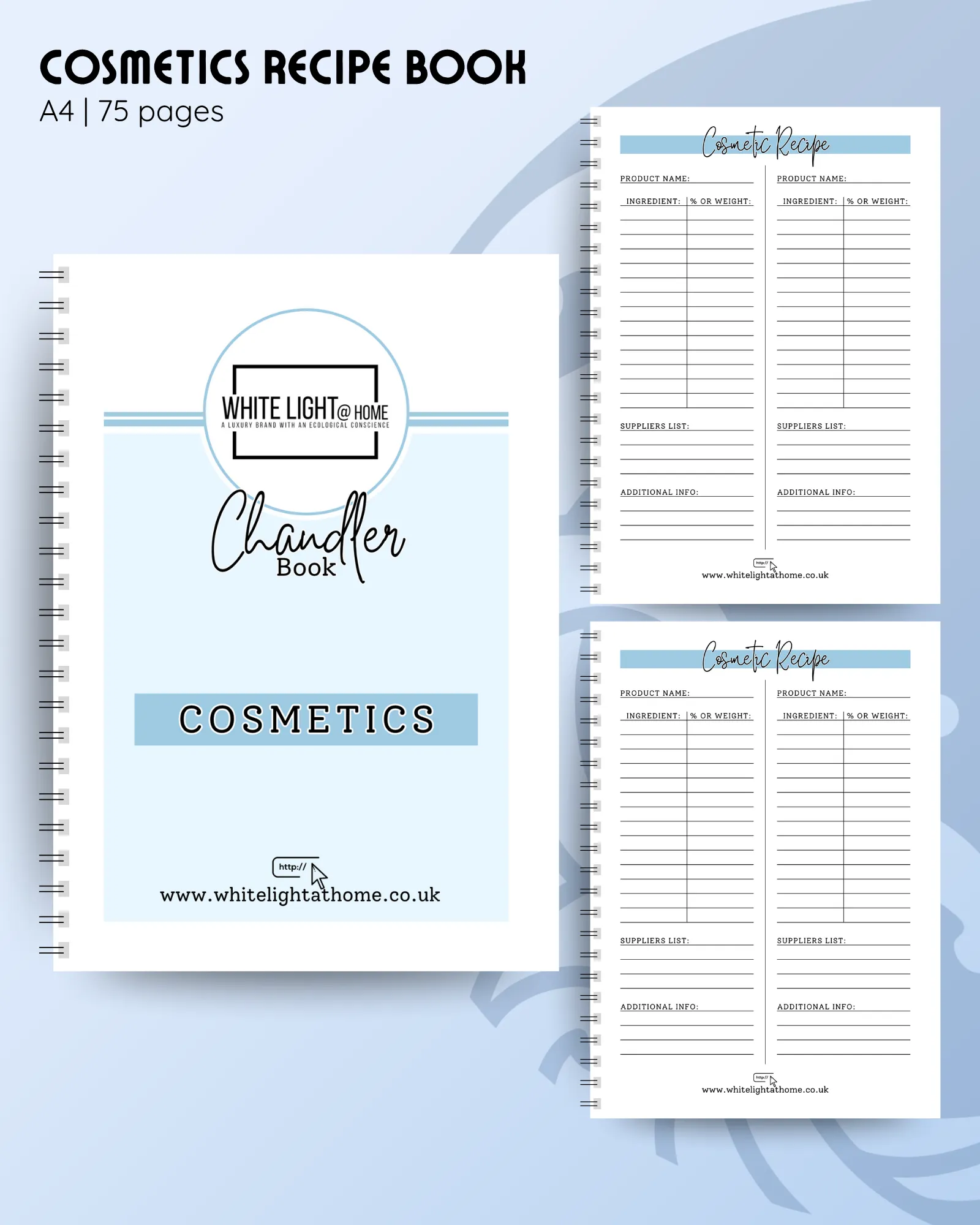 A4 cosmetics recipe book with custom colours and logo, and inside pages to record product ingredients, percentages and suppliers.