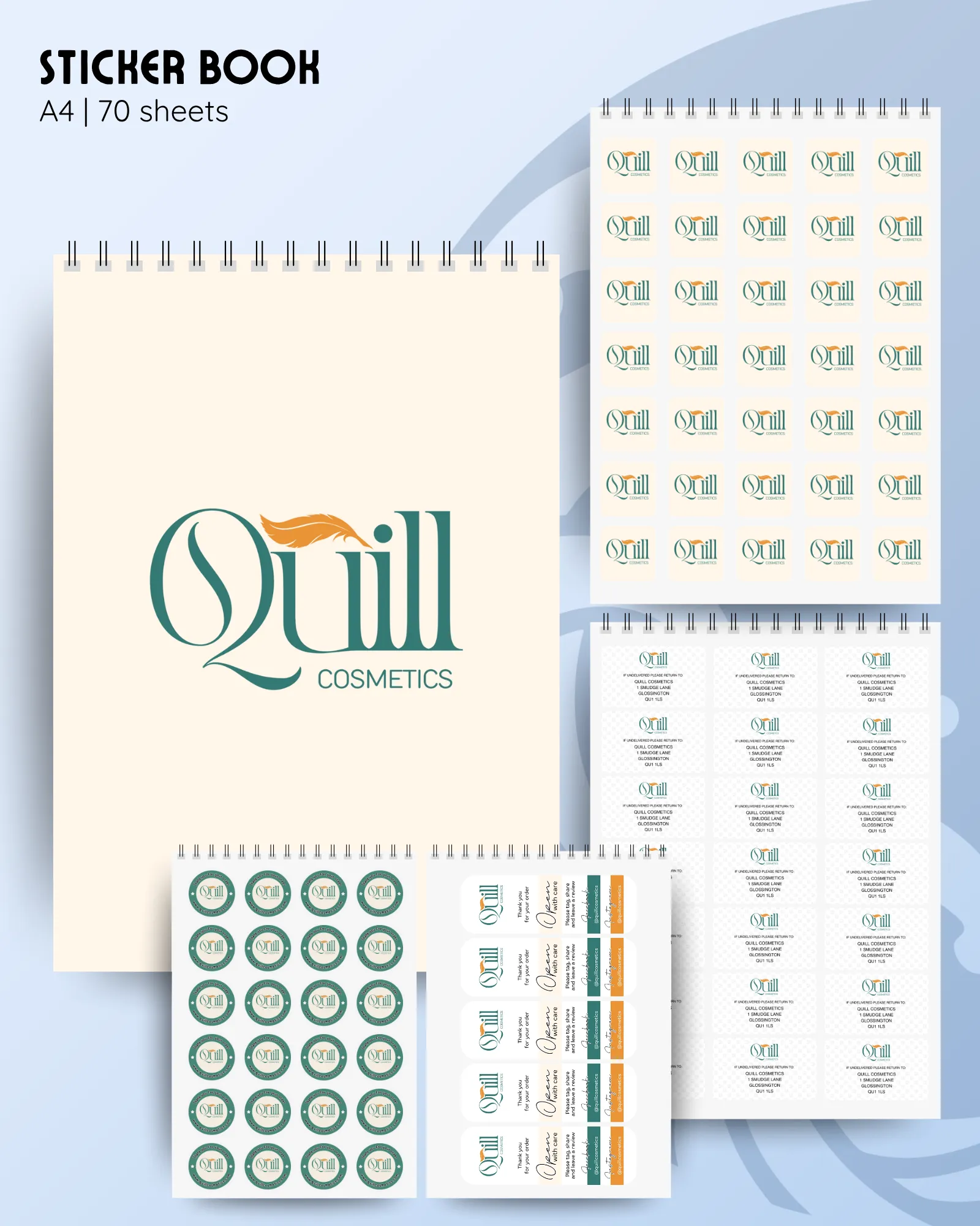 A4 spiral bound book with 70 sheets of branded stickers in assorted shapes and designs.