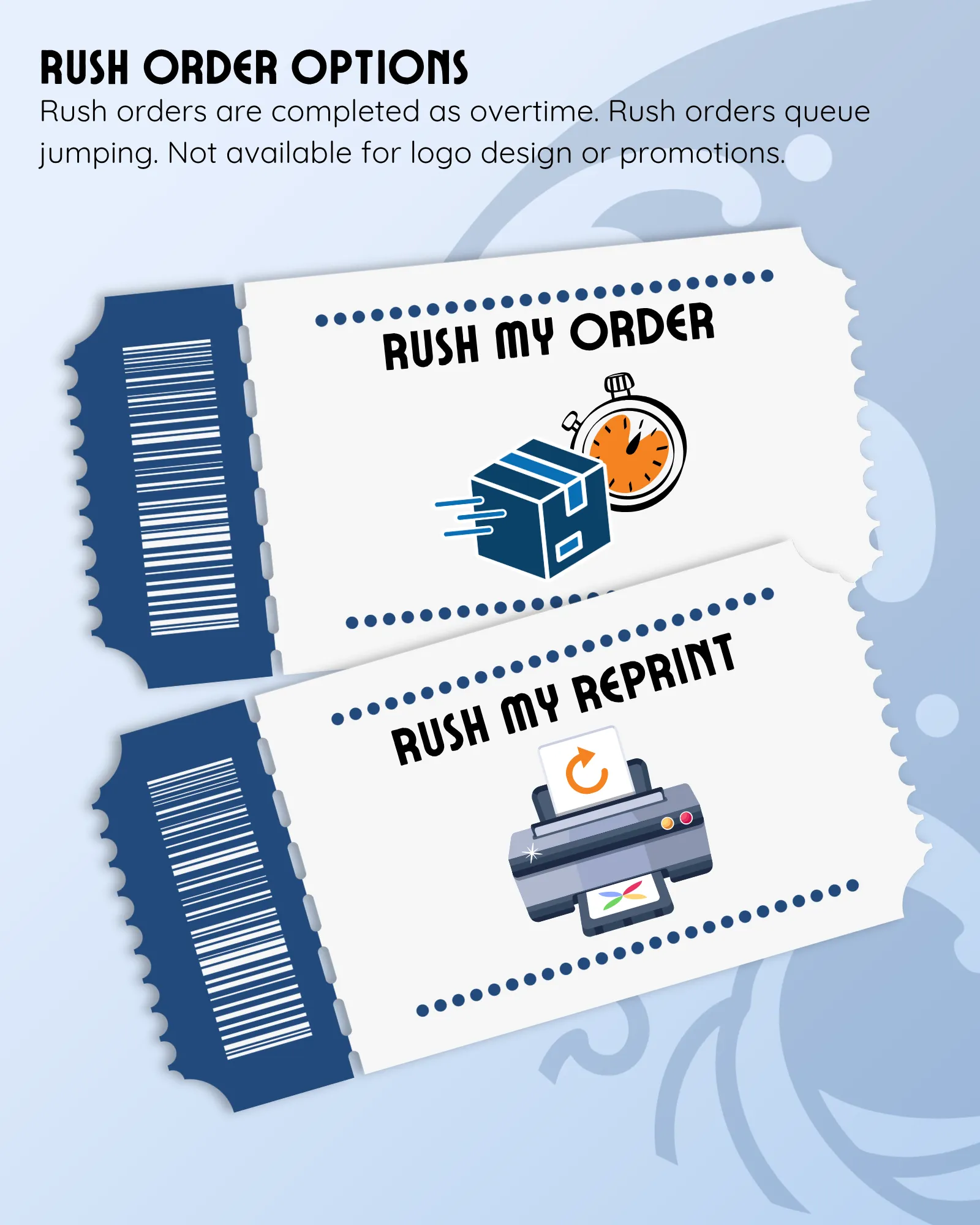 an image showing 2 mocked up tickets with the rush order options