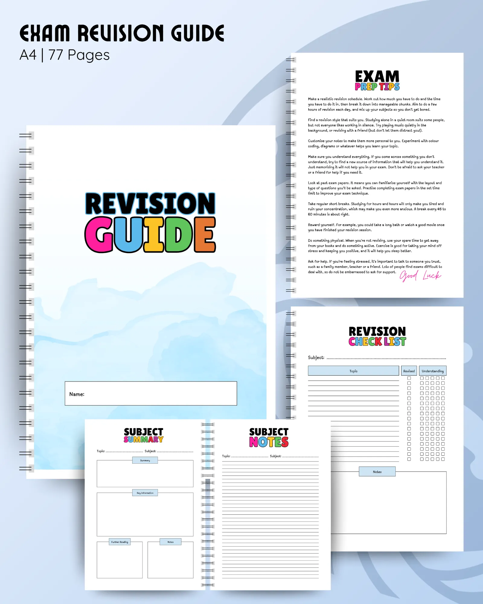 Revision guide with colourful title on a blue cover, and inside pages for exam prep tips, subject summaries, revision checklists and notes.