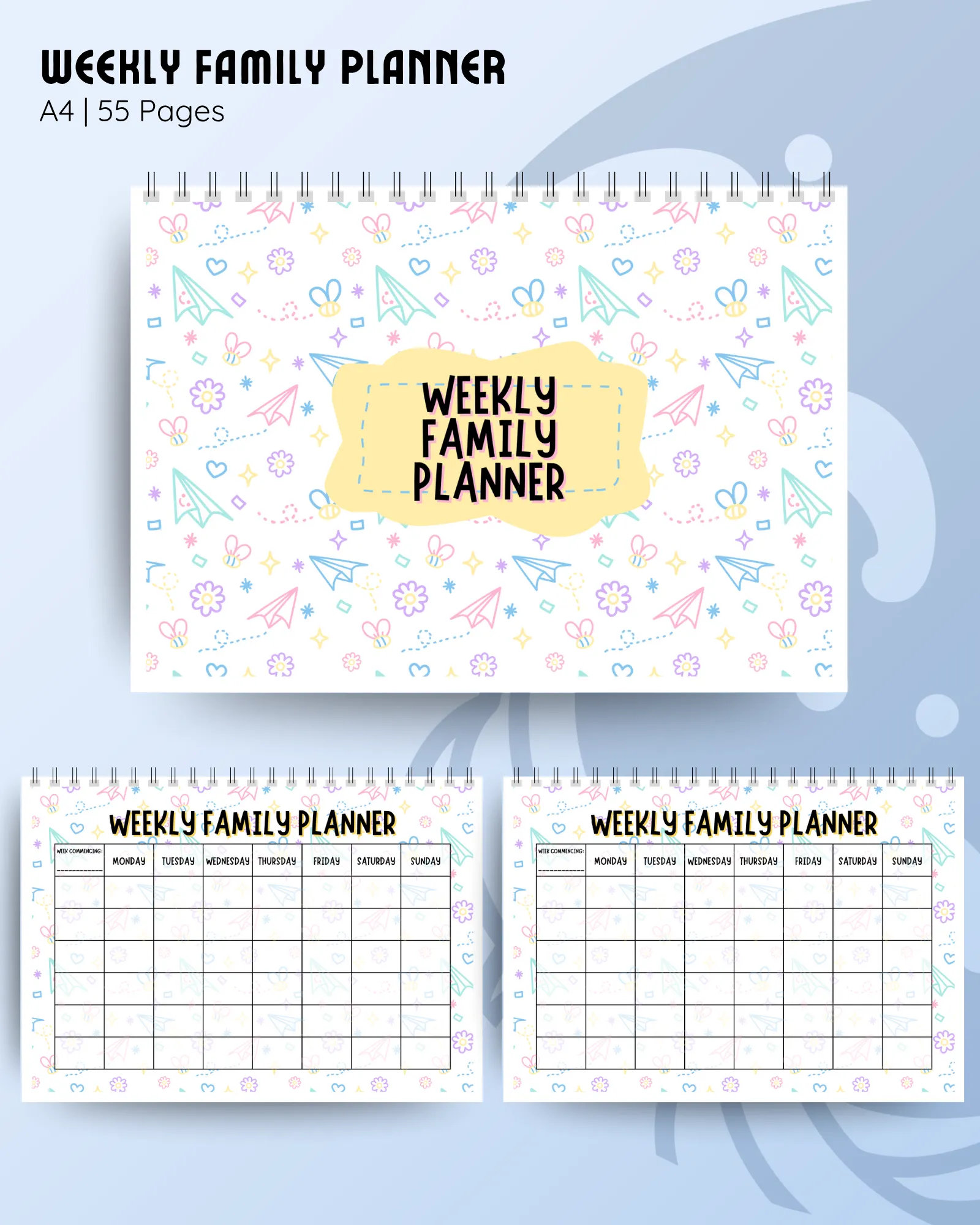 A4 weekly family planner with pastel patterned cover, and inside weekly grid pages for scheduling family plans Monday to Sunday.