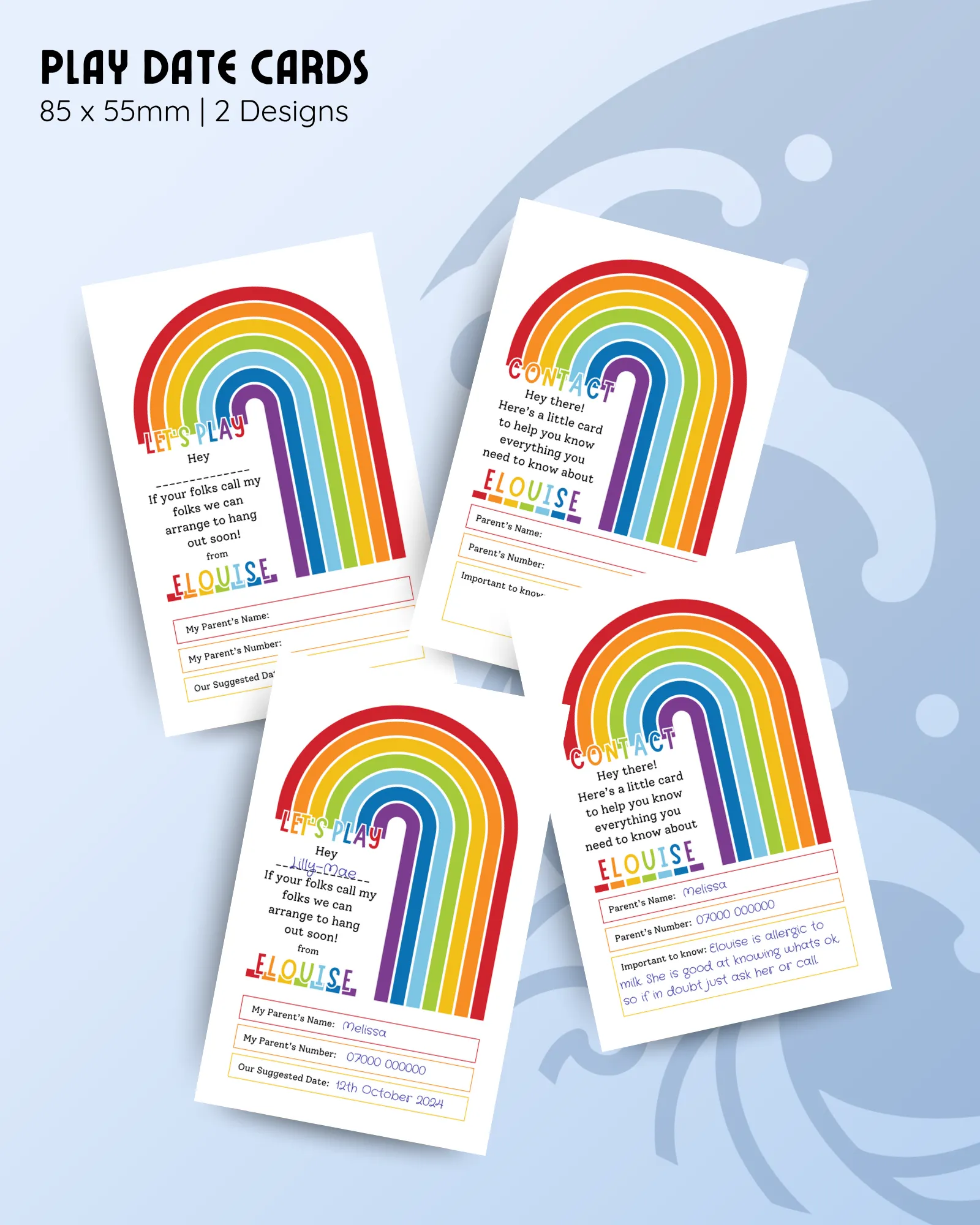 Play date cards with rainbow design, two styles, with spaces for child’s name, parent contact and important notes.
