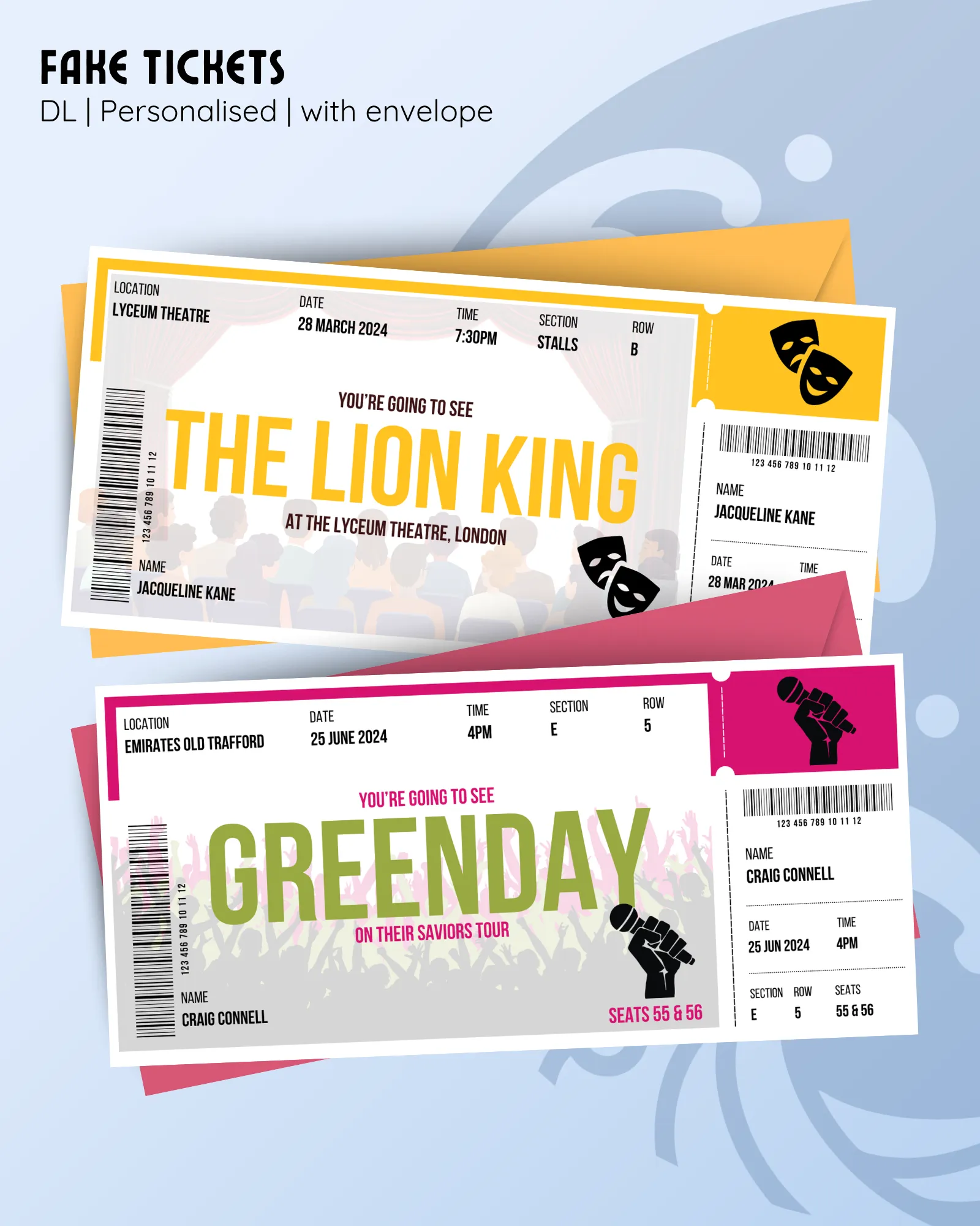Personalised fake event tickets for gifting shows, concerts, holidays or experiences, DL size with envelope.