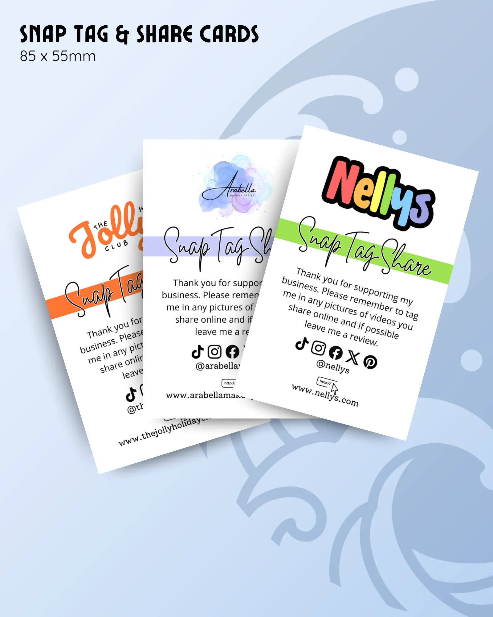 snap, tag and share cards product image showing multiple examples of custom branded stationery with different logos and colours.