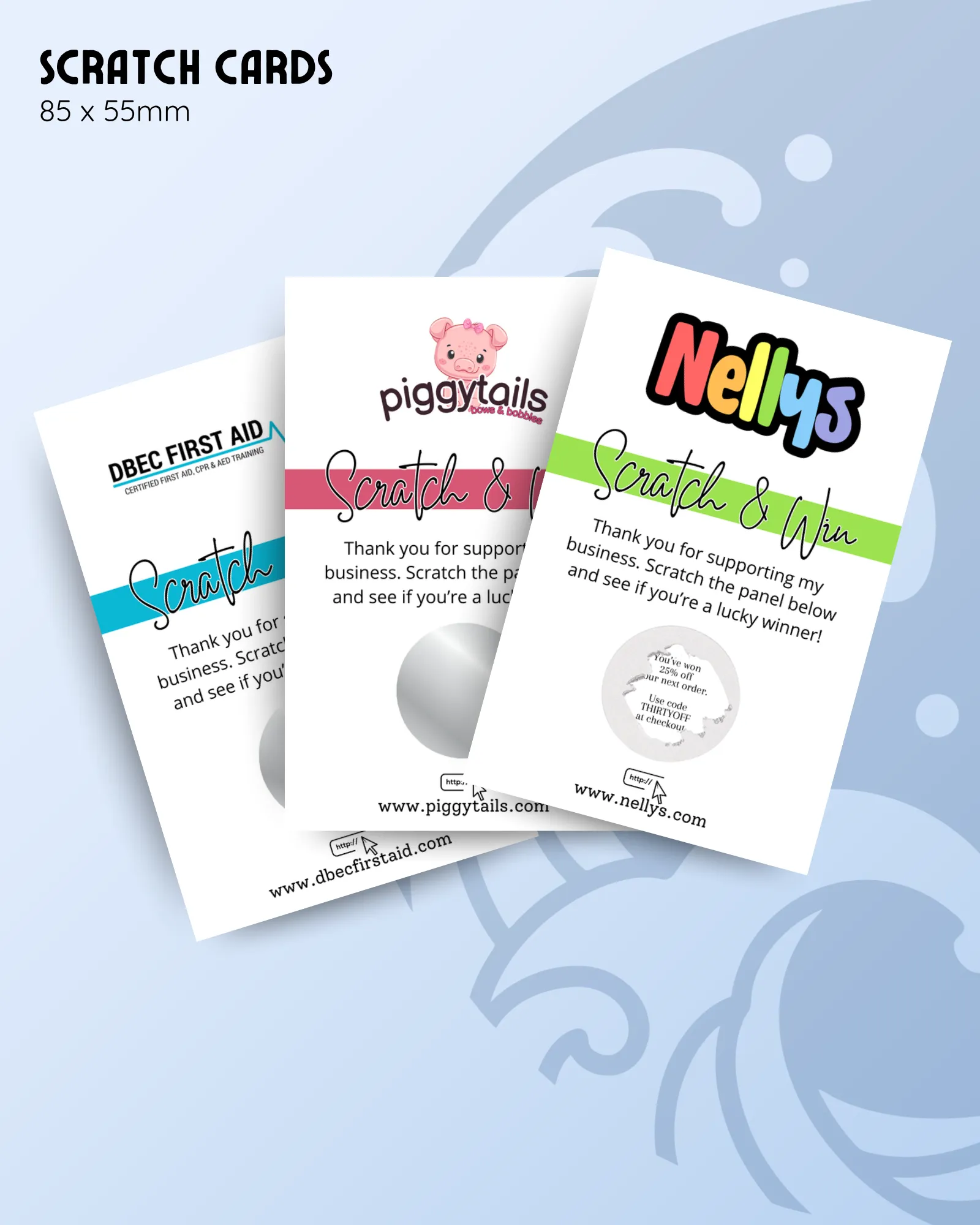 scratch cards showing multiple examples of custom branded stationery with different logos and colours.