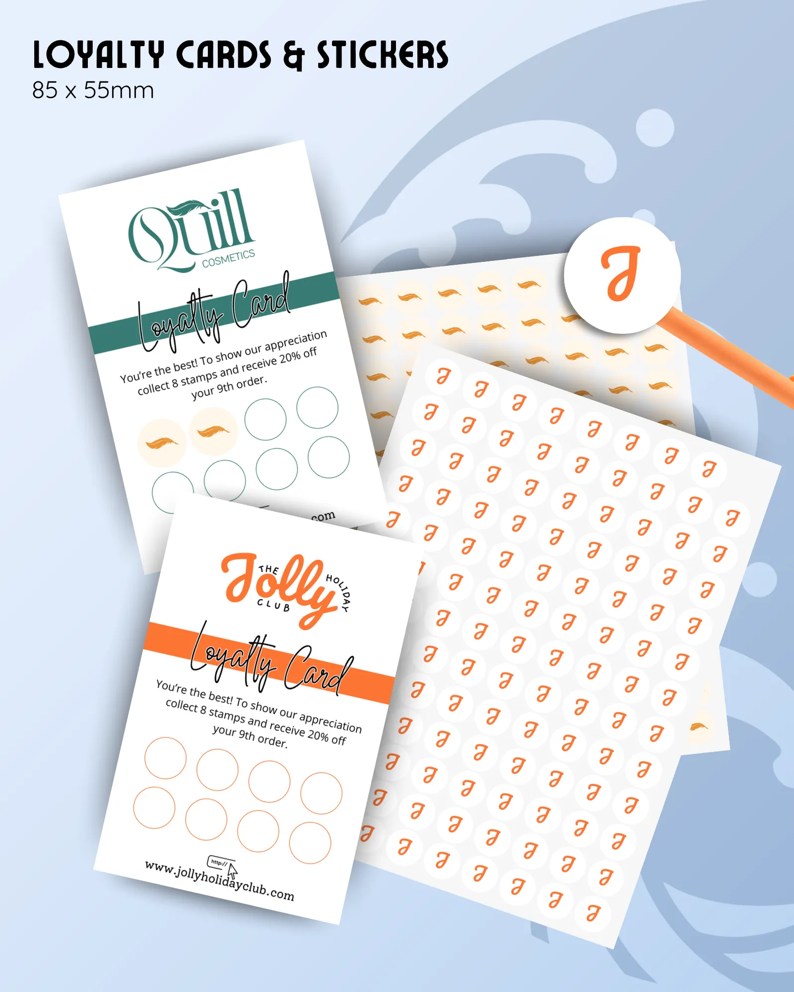 product image showing multiple examples of custom branded stationery with different logos and colours.