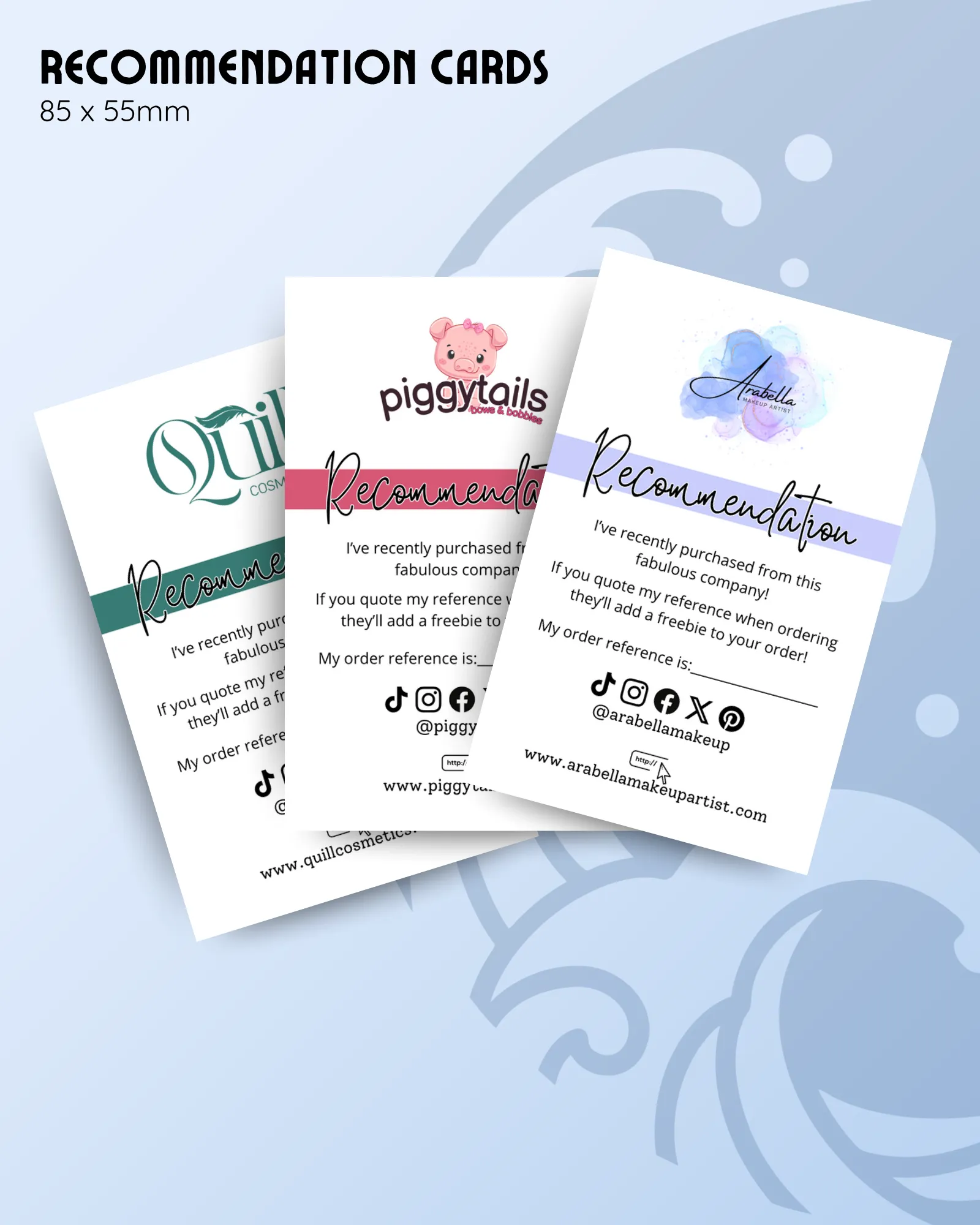 recommendation card product image showing multiple examples of custom branded stationery with different logos and colours.