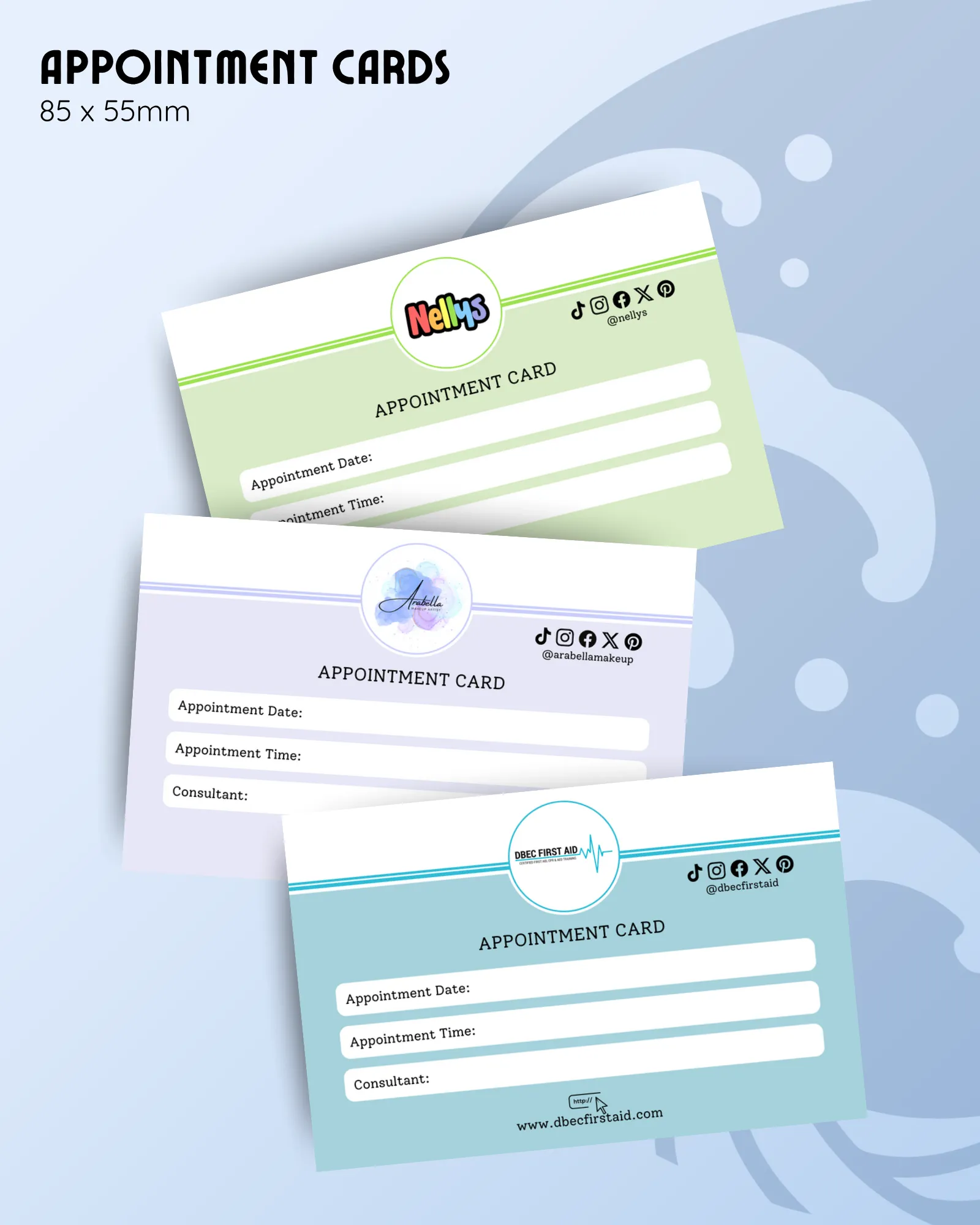 appointment card product image showing multiple examples of custom branded stationery with different logos and colours.