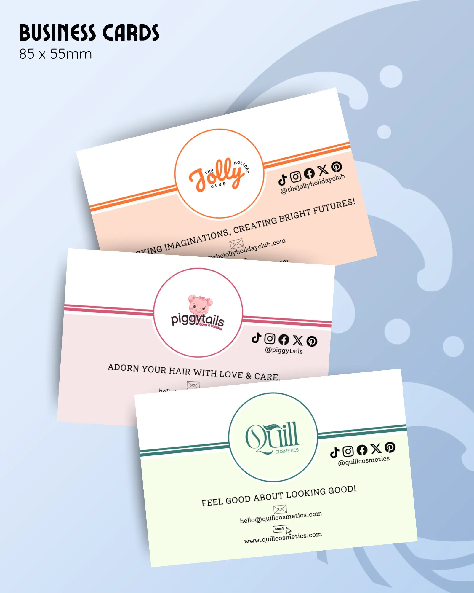 business card product image showing multiple examples of custom branded stationery with different logos and colours.