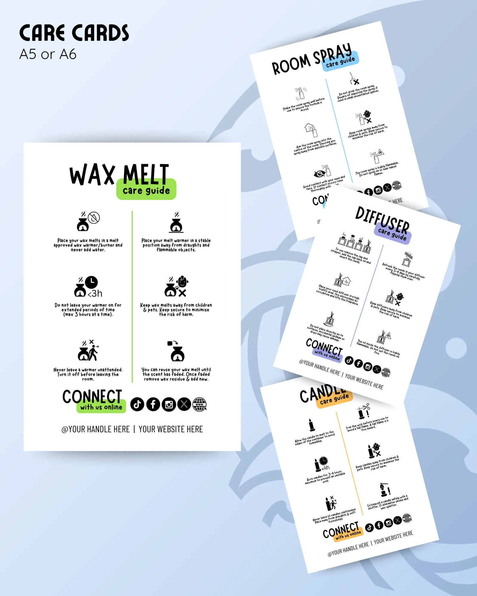 care cards product image showing our wax melt, room spray, diffuser and candle care guides