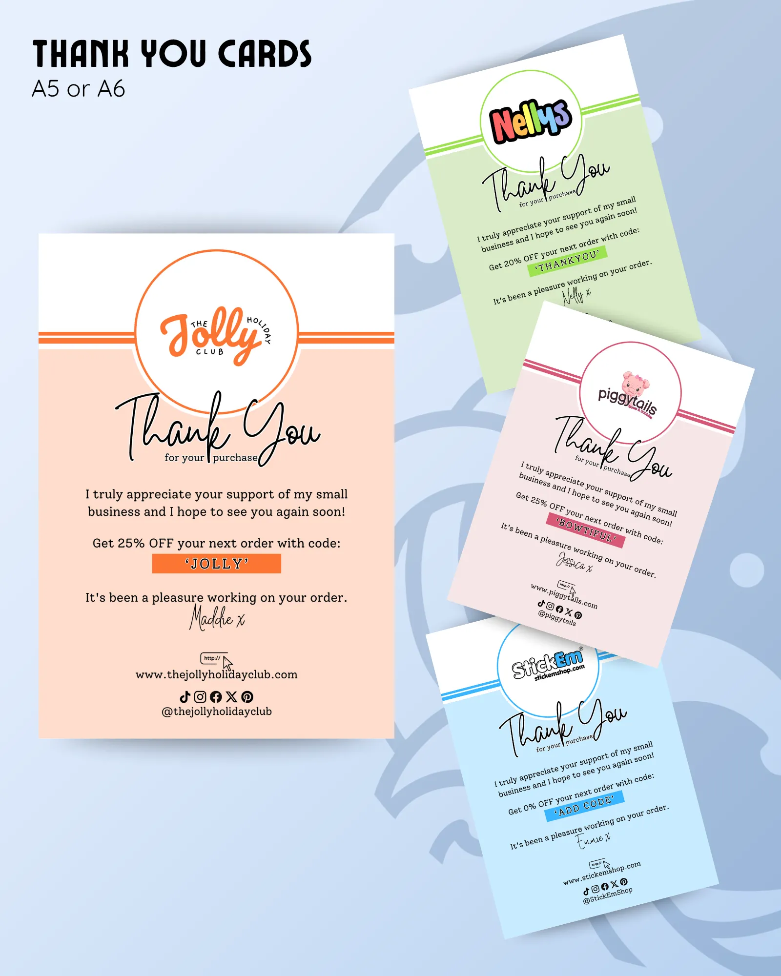 thank you card product image showing multiple examples of custom branded stationery with different logos and colours.