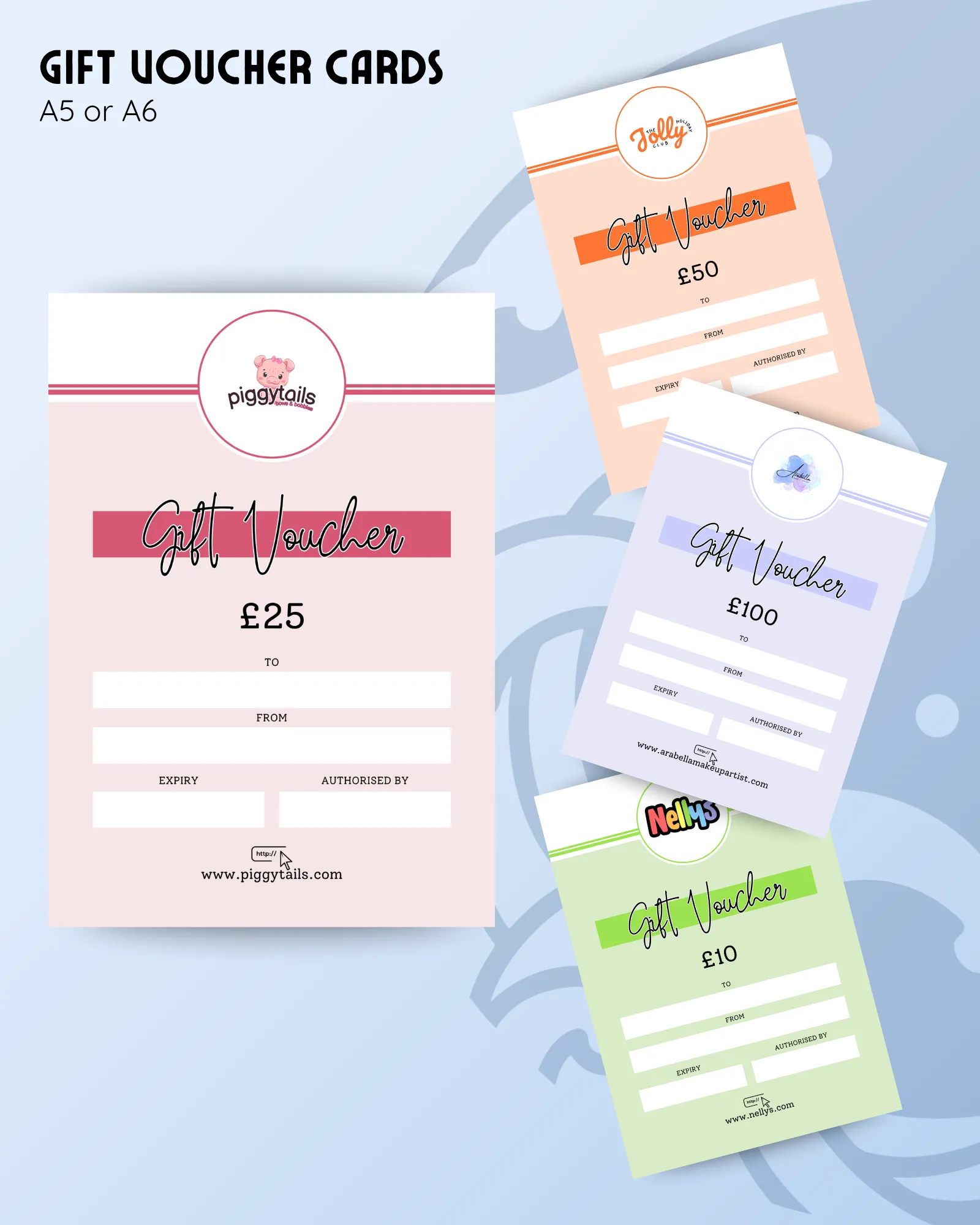 gift voucher product image showing multiple examples of custom branded stationery with different logos and colours.