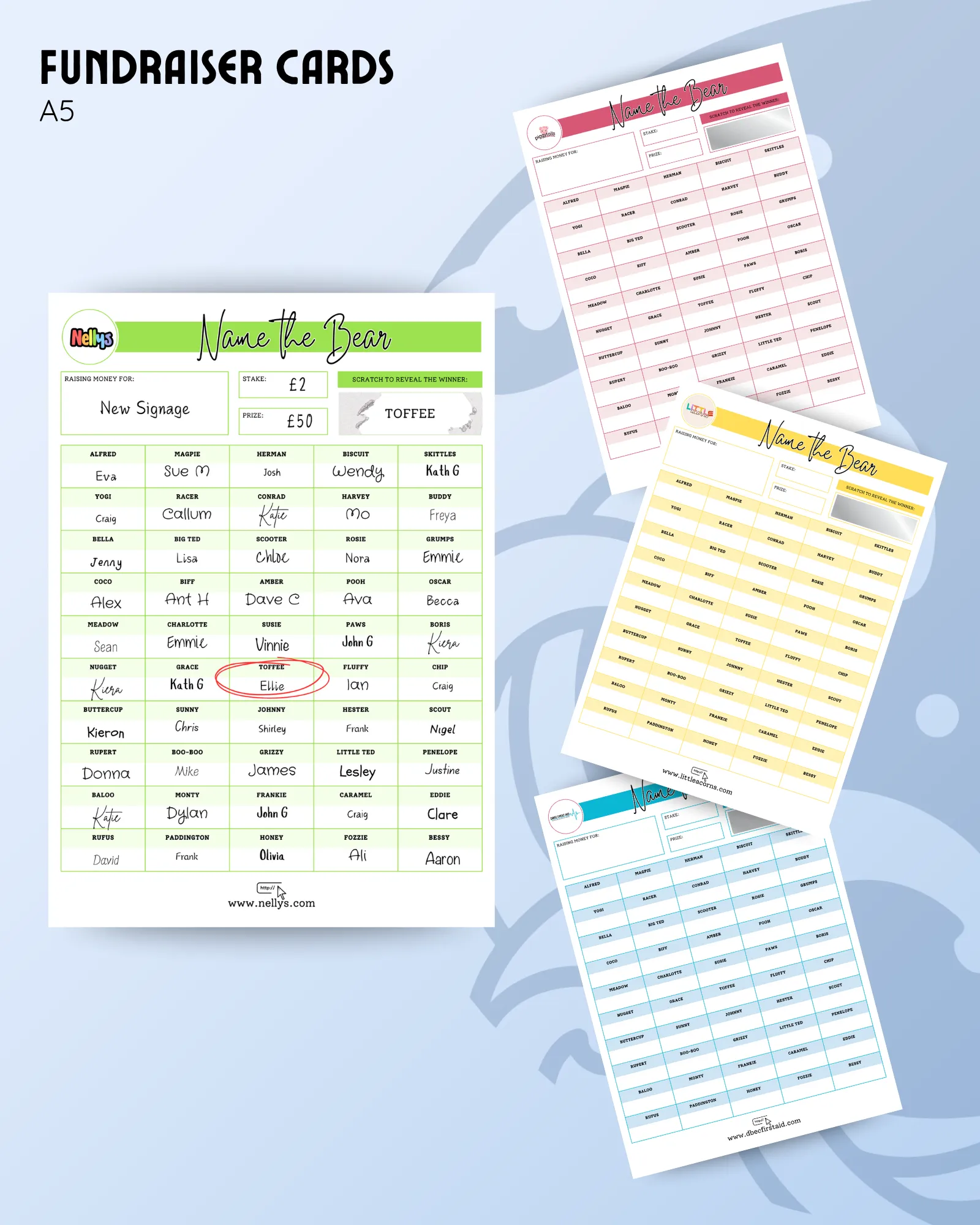 Fundraiser product image showing multiple examples of our fully customisable fundraising scratch card