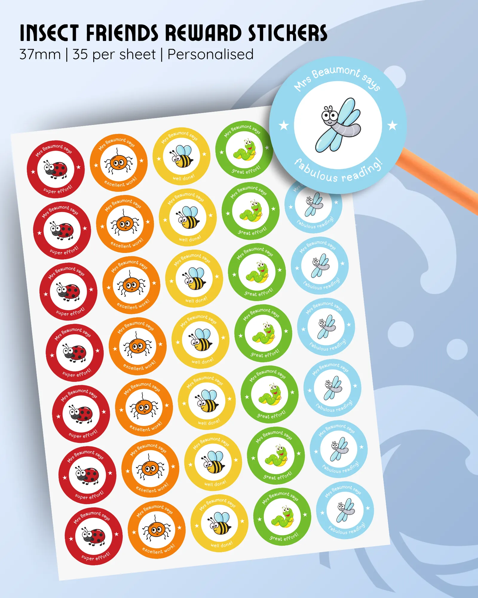 37mm personalised reward stickers featuring cartoon insects in bright colours, 35 per sheet.