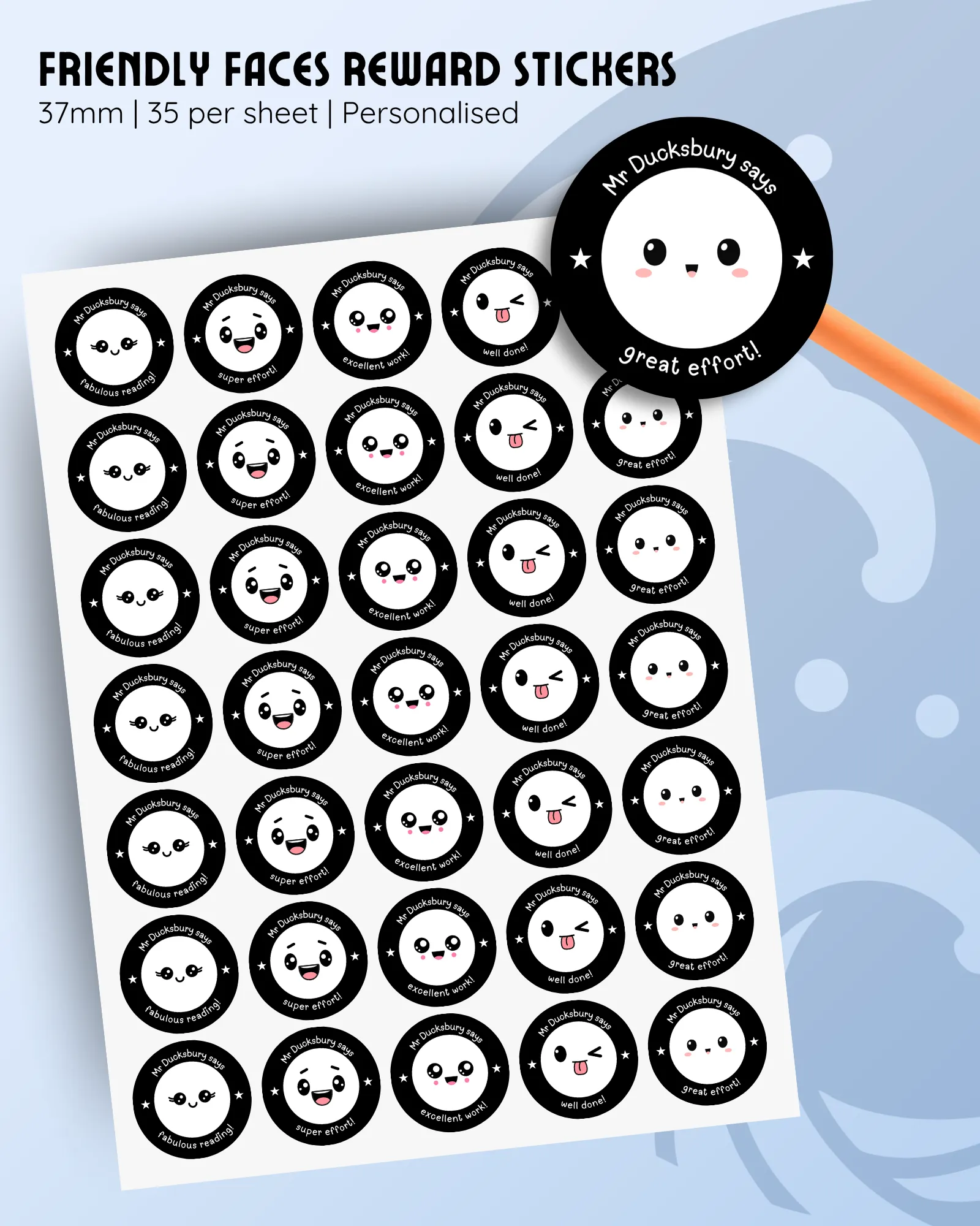 37mm personalised reward stickers featuring cute face icons in black and white theme, 35 per sheet.