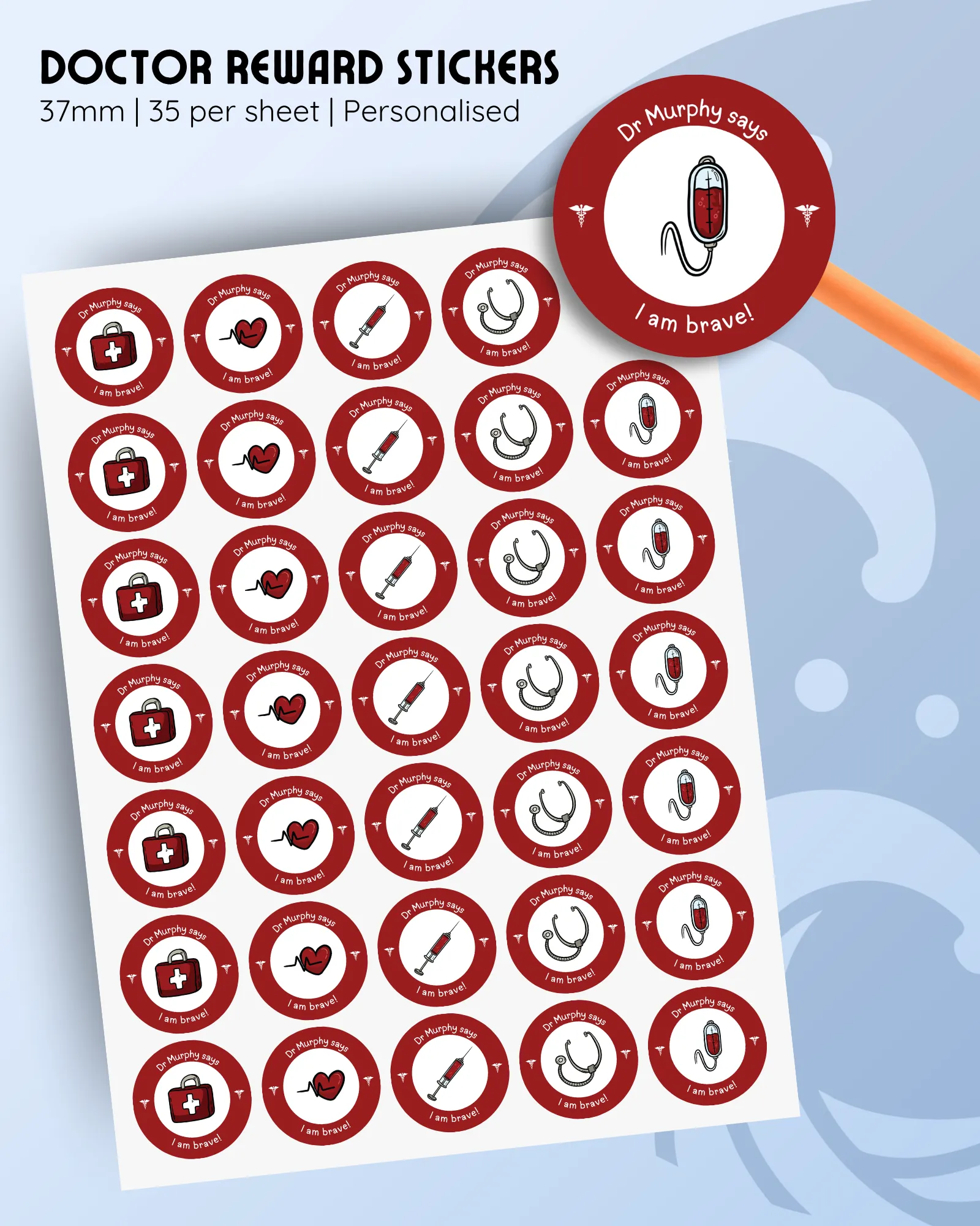37mm personalised reward stickers with medical icons in red theme, 35 per sheet.
