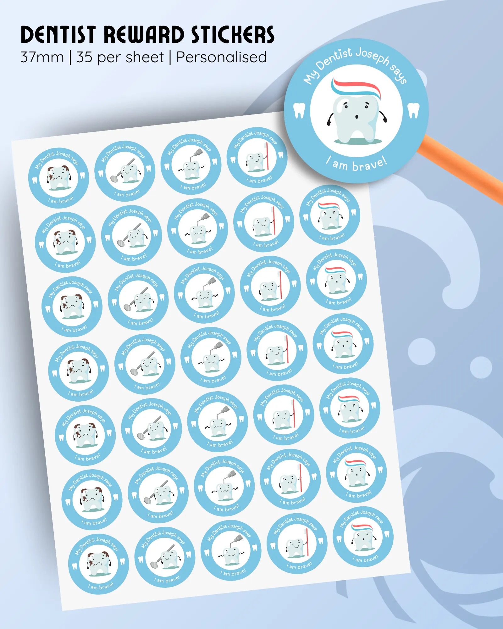 37mm personalised reward stickers with dentist themed tooth characters in blue theme, 35 per sheet.