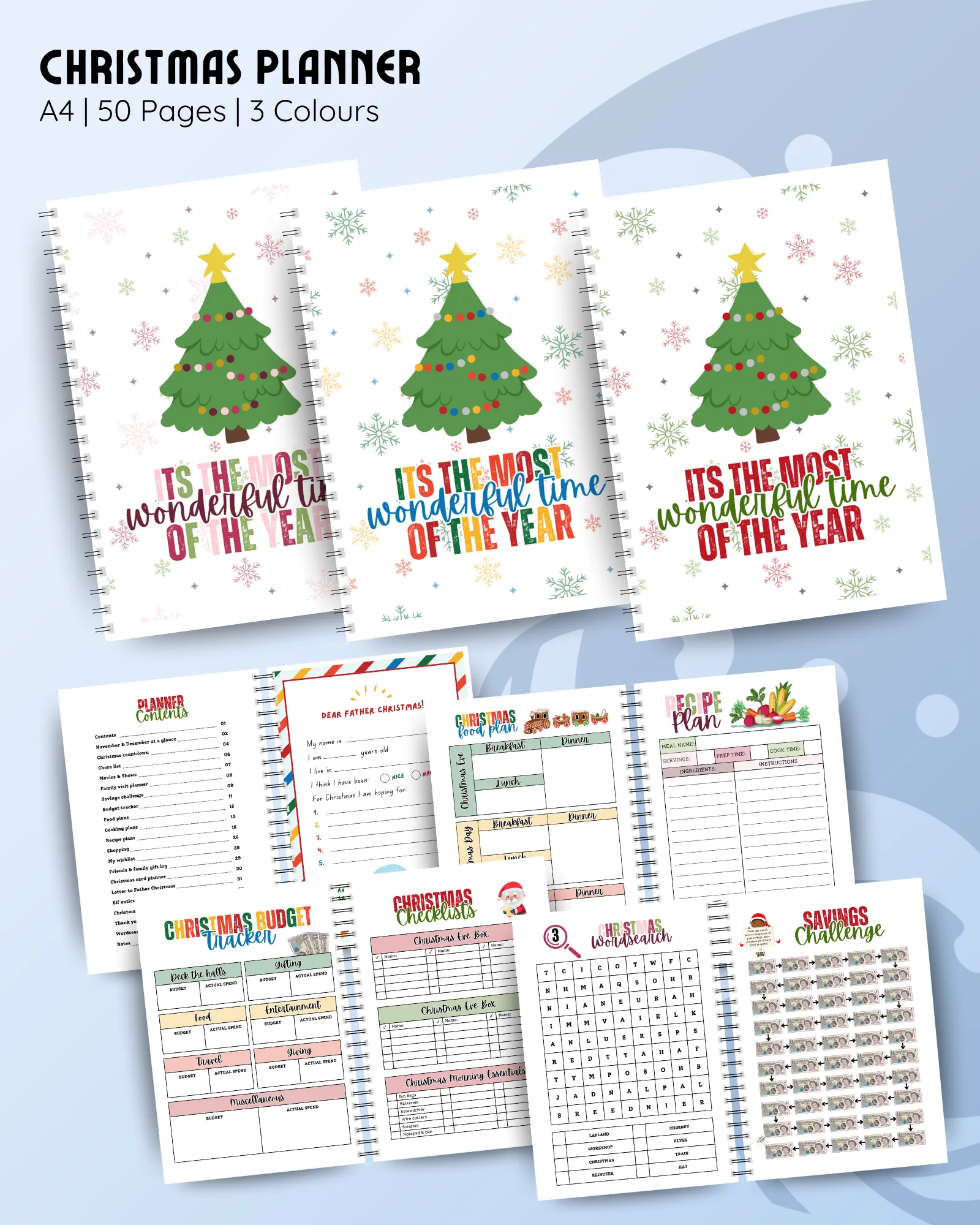 Christmas Planner, A4 planner, 50 pages, three colour cover options, Christmas tree design, includes budget tracker, checklists and activity pages