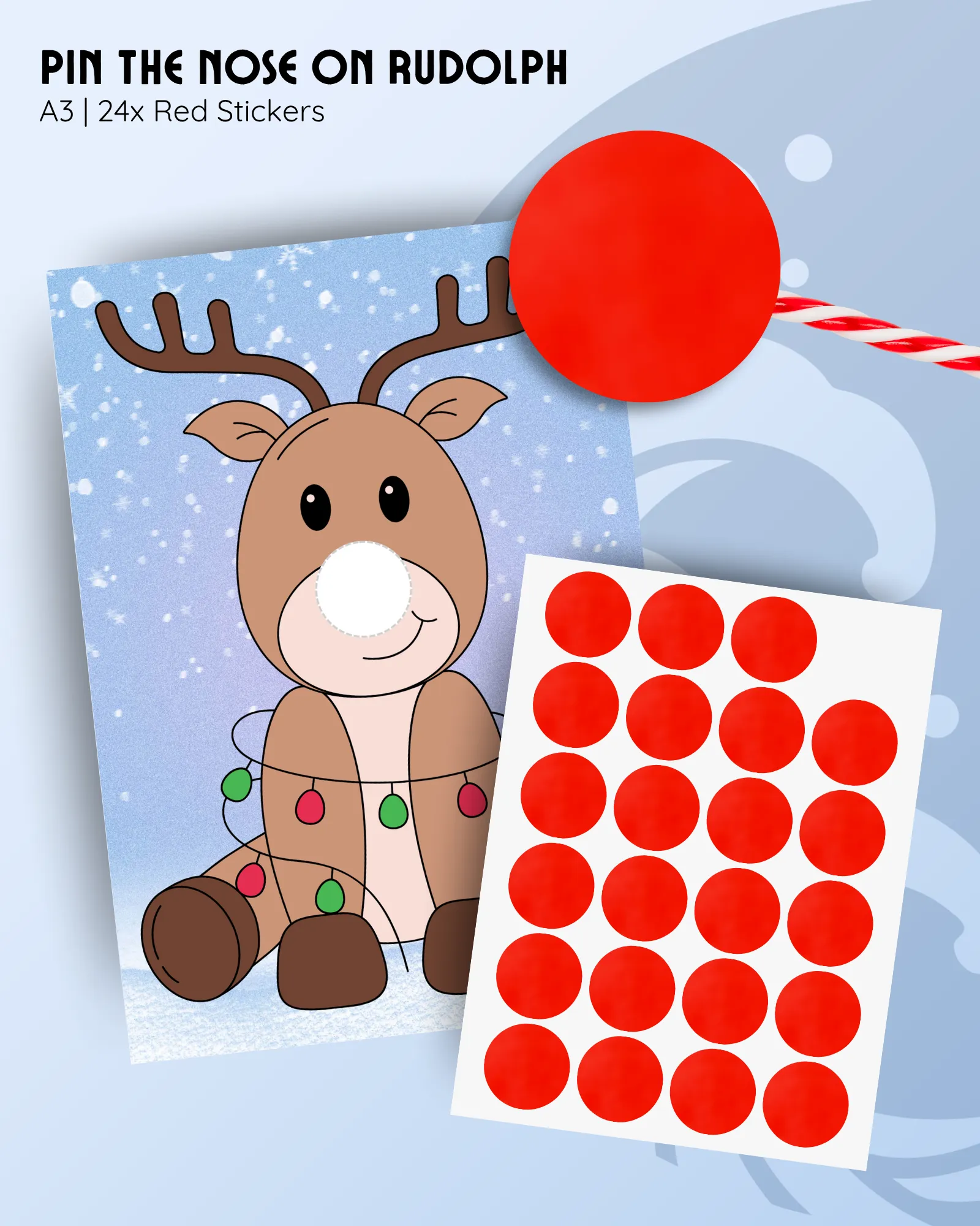 Pin the Nose on Rudolph game, A3 poster with Rudolph the reindeer, includes 24 red nose stickers, Christmas party game