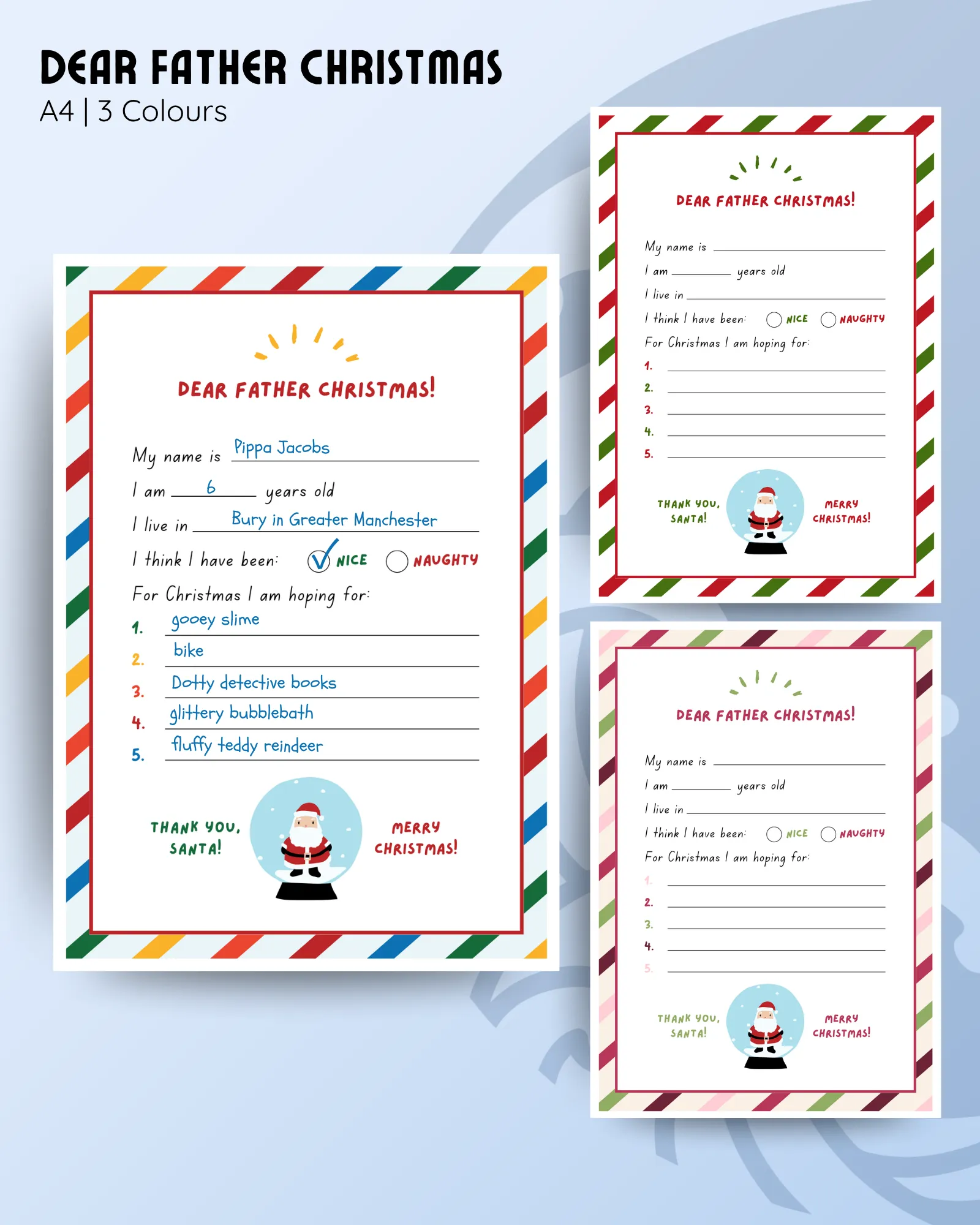 Dear Father Christmas letter, A4, three colour border designs, fill-in style Santa letter for children, nice or naughty tick options
