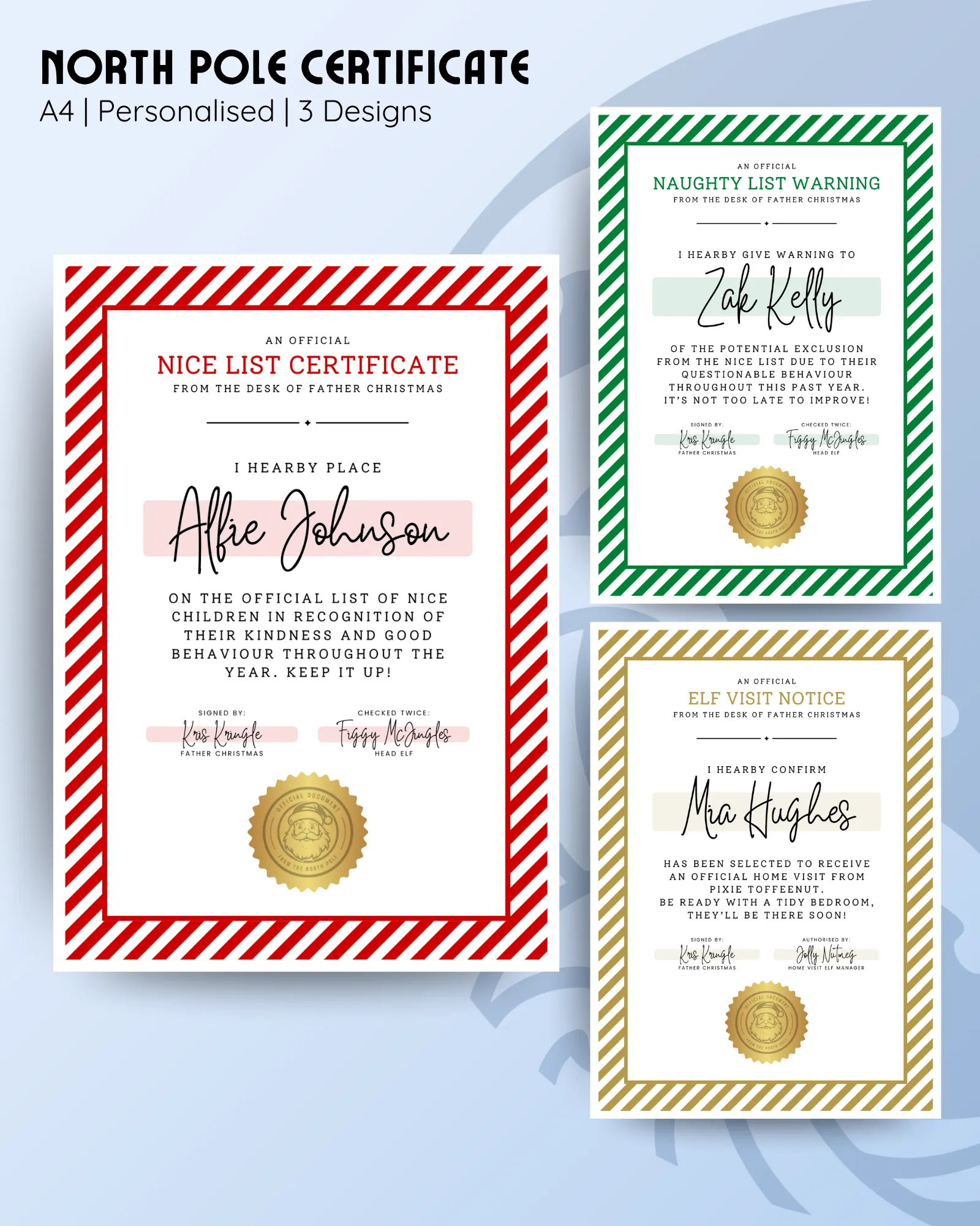 North Pole certificate set, A4 personalised certificates, nice list, naughty list warning and elf visit notice designs