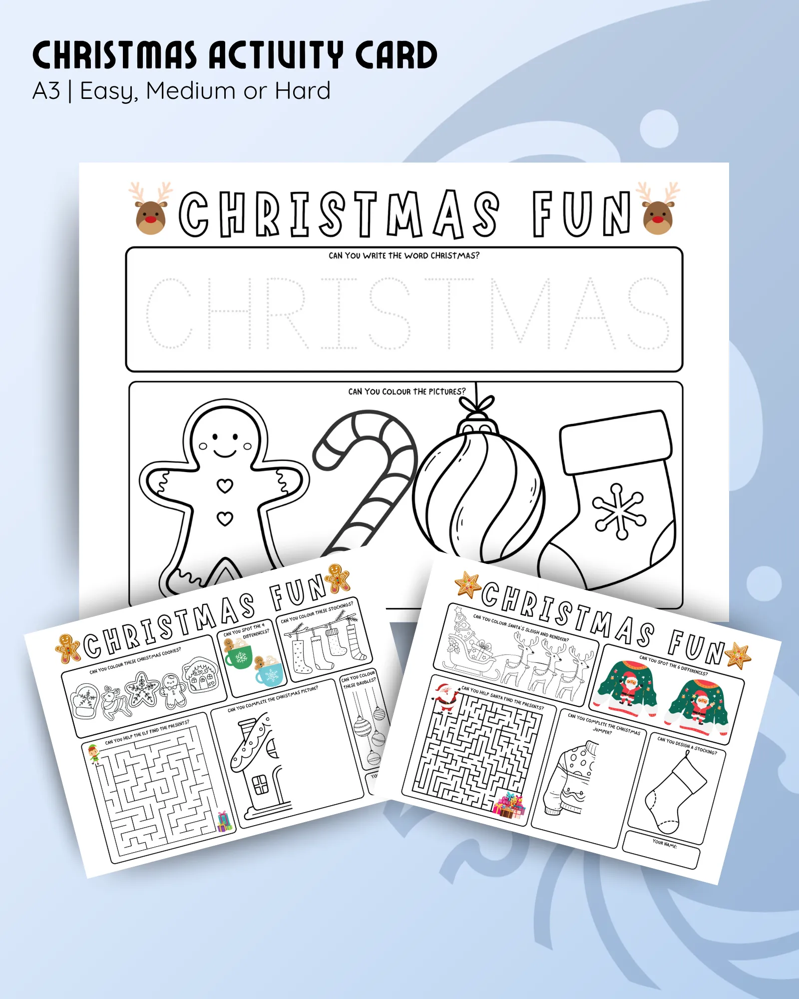 Christmas activity card, A3 activity sheets, easy medium or hard difficulty, colouring pictures and word puzzles for kids