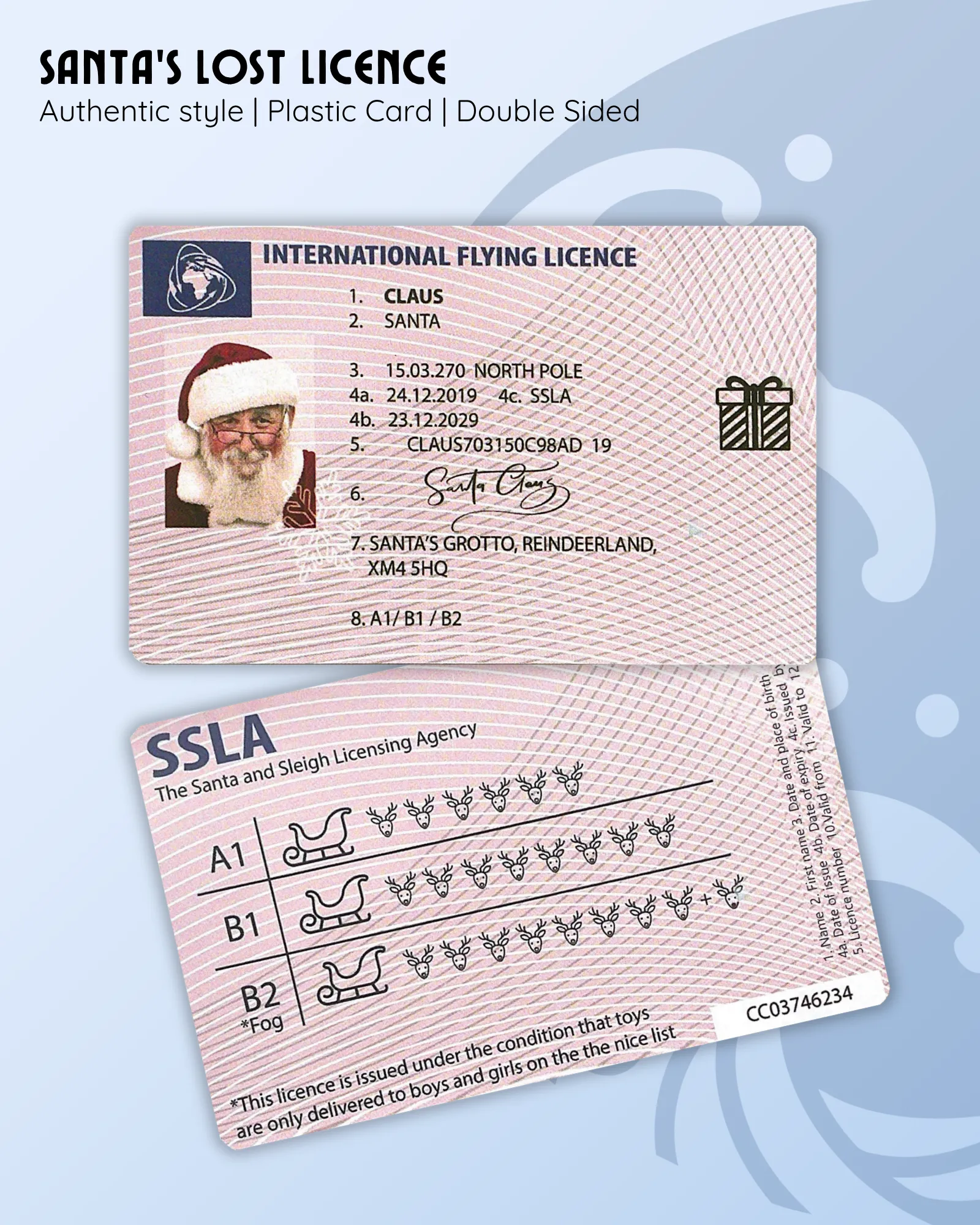 Santa’s lost licence card, plastic card, double sided, Santa flying licence novelty Christmas prop