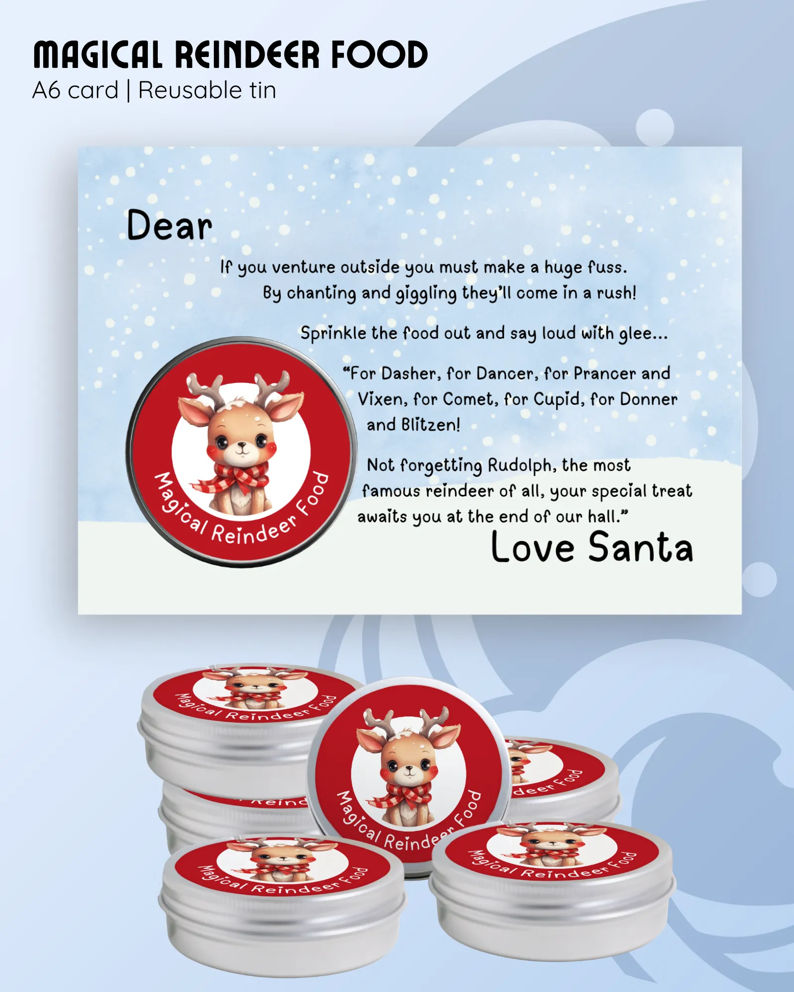Magical reindeer food set, A6 card with poem and reusable tin, personalised Christmas reindeer food