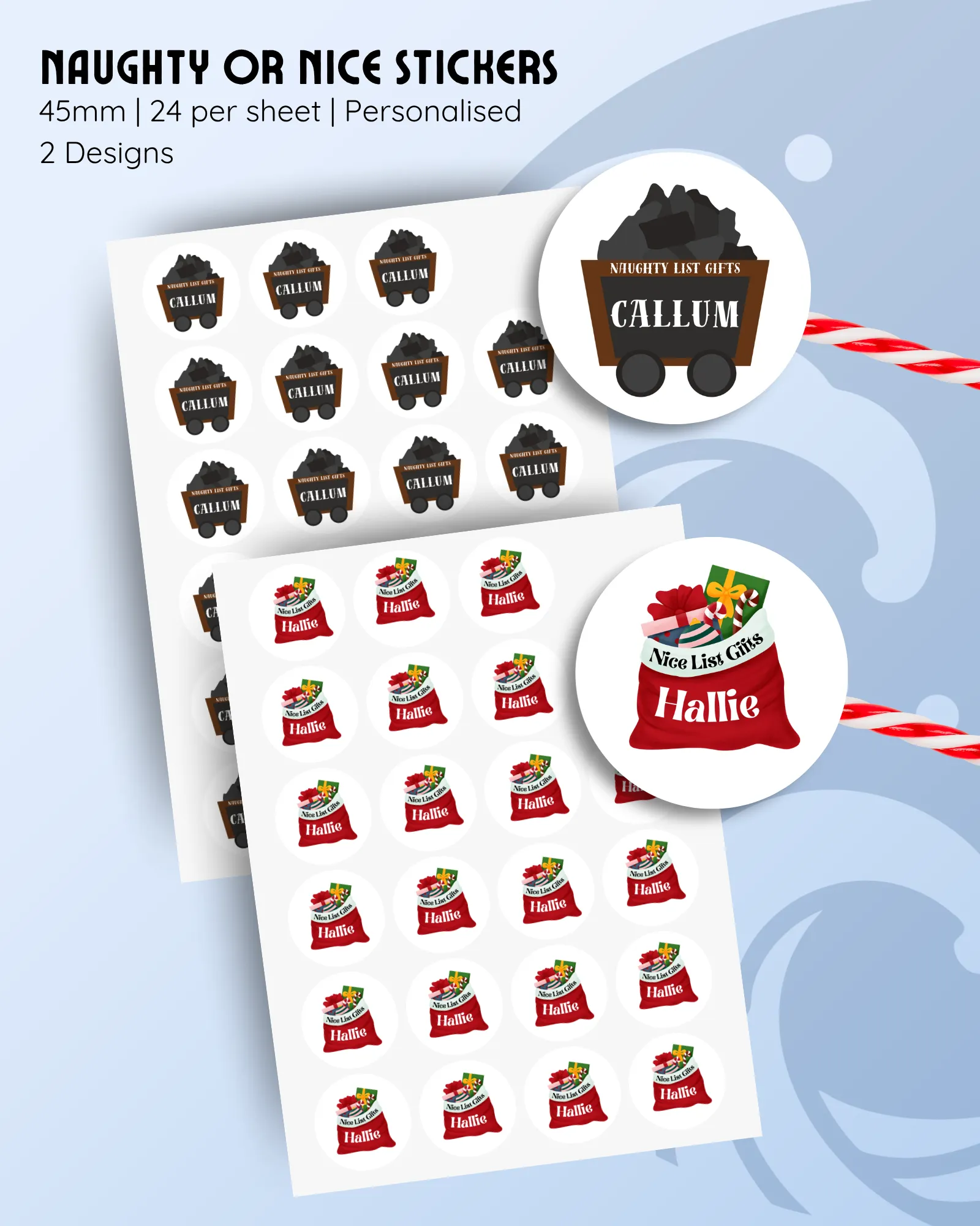 45mm personalised Christmas stickers, naughty or nice theme, 24 per sheet, two designs.