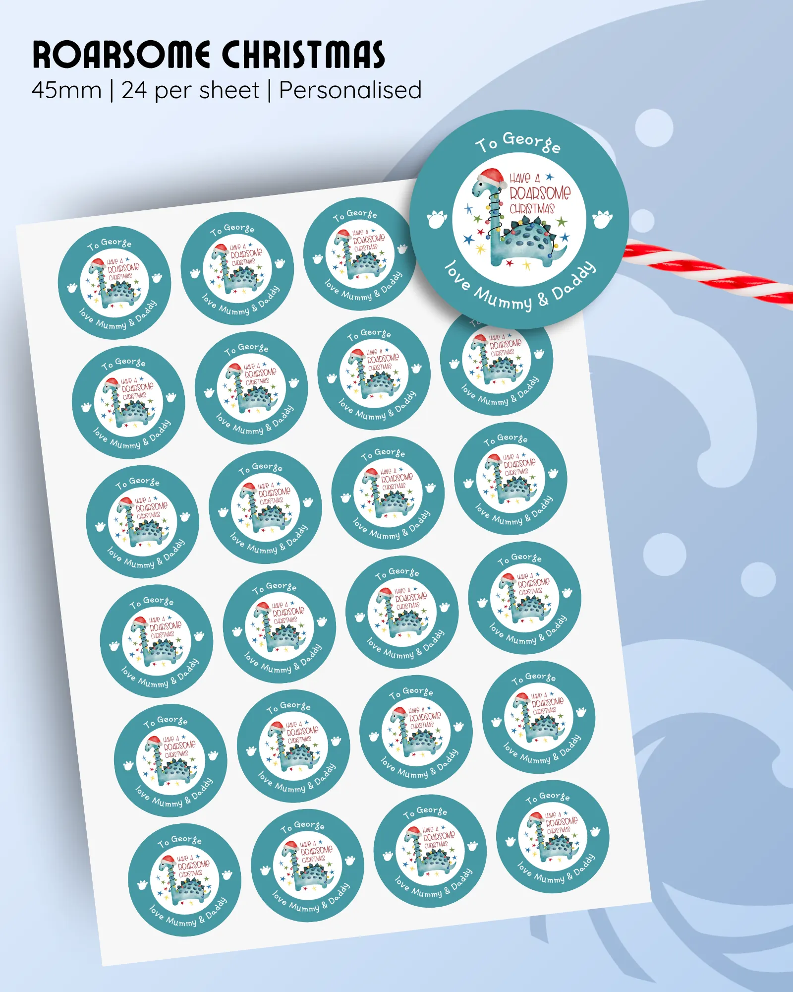 45mm personalised dinosaur Christmas stickers, teal background, 24 per sheet.