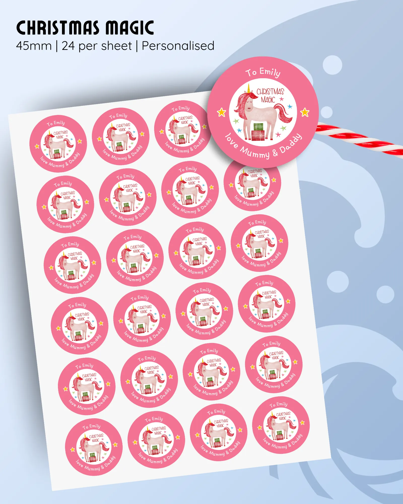45mm personalised unicorn Christmas stickers, pink background, 24 per sheet.
