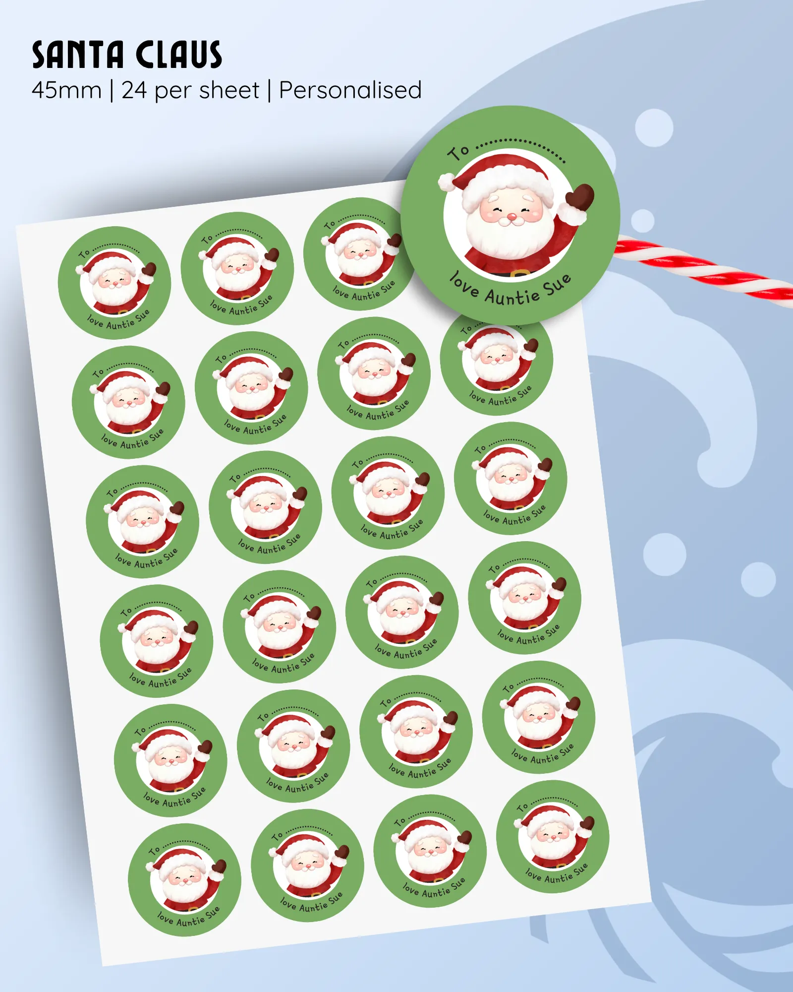 45mm personalised Santa Christmas stickers, green background, 24 per sheet.