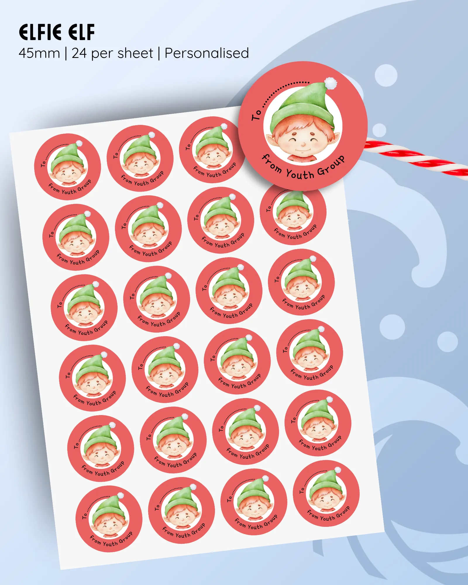 45mm personalised elf Christmas stickers, red background, 24 per sheet.
