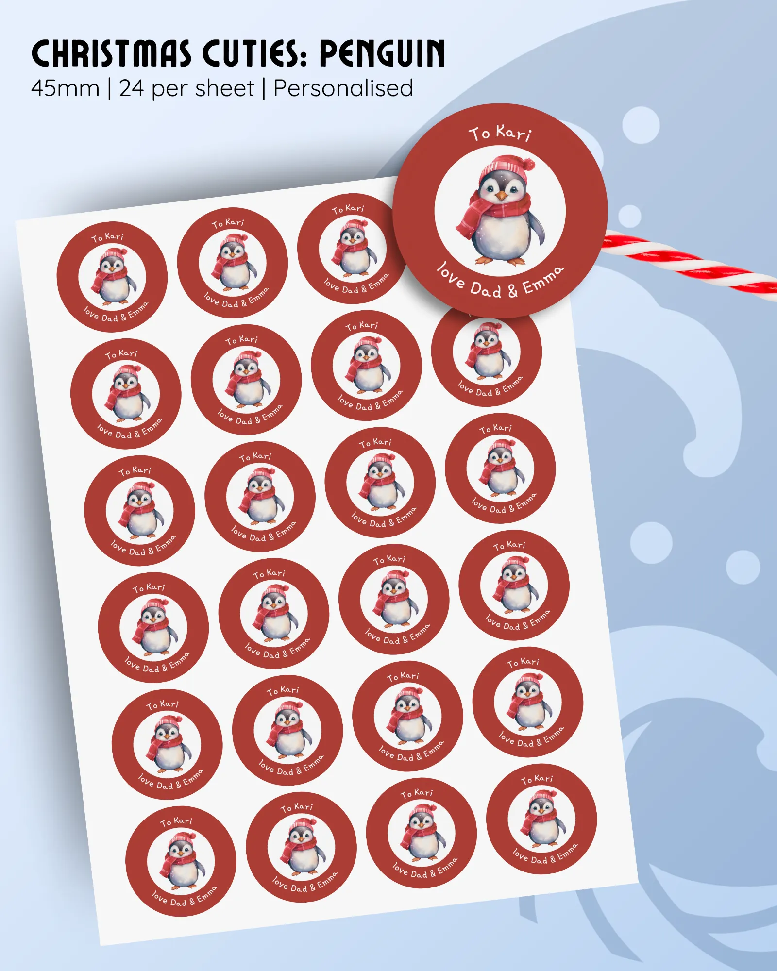45mm personalised penguin Christmas stickers, red background, 24 per sheet.