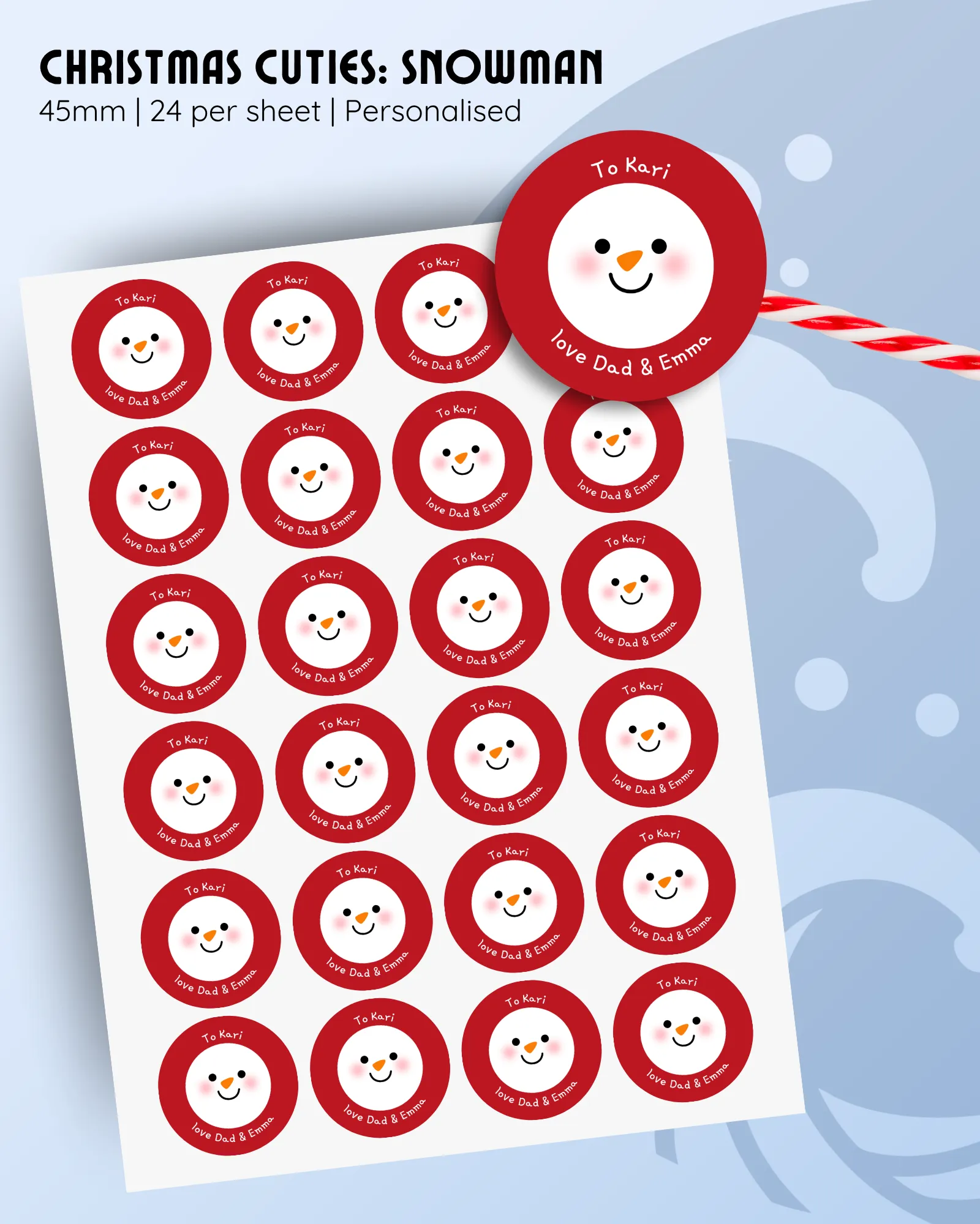 45mm personalised snowman Christmas stickers, red background, 24 per sheet
