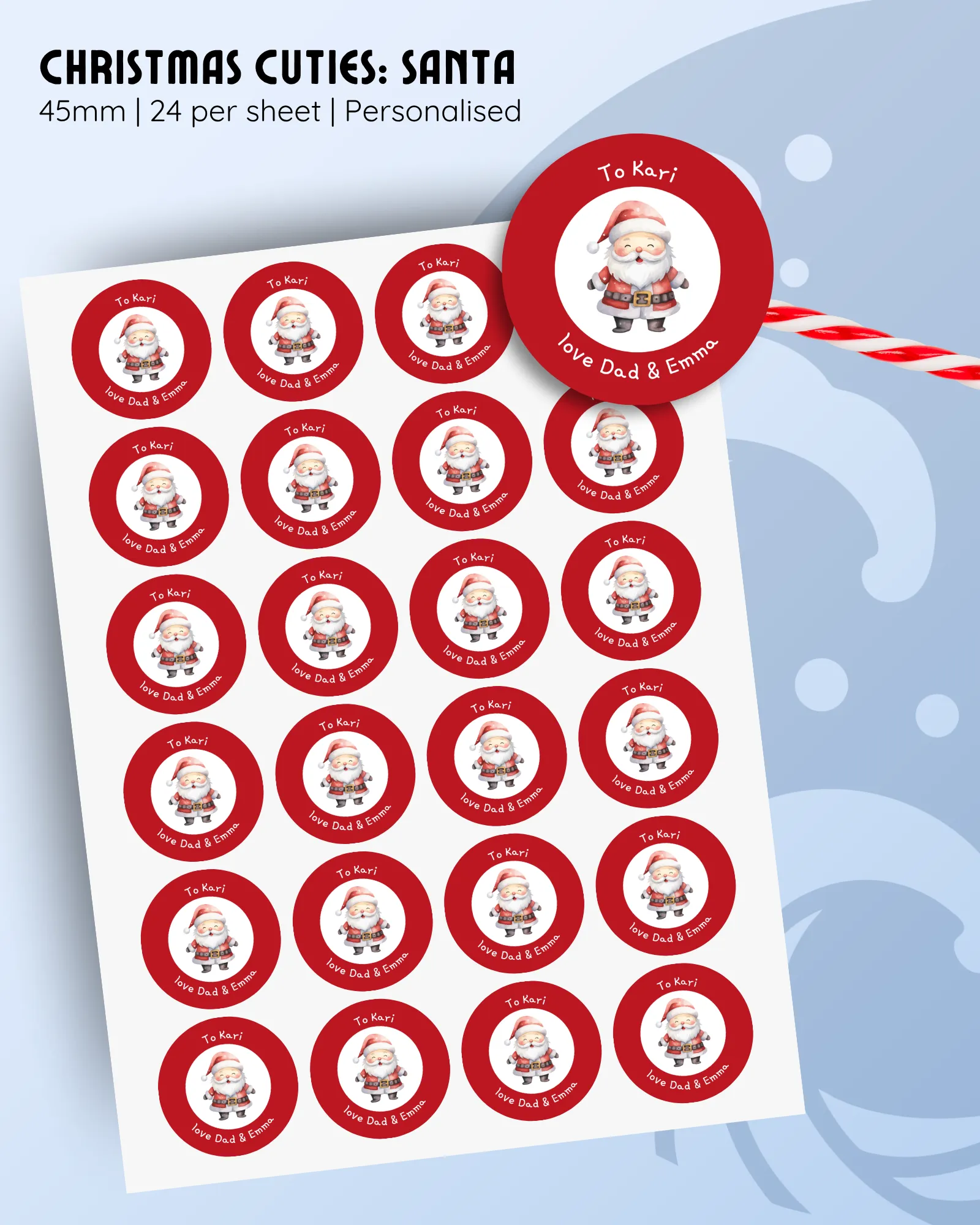 45mm personalised Santa character Christmas stickers, red background, 24 per sheet
