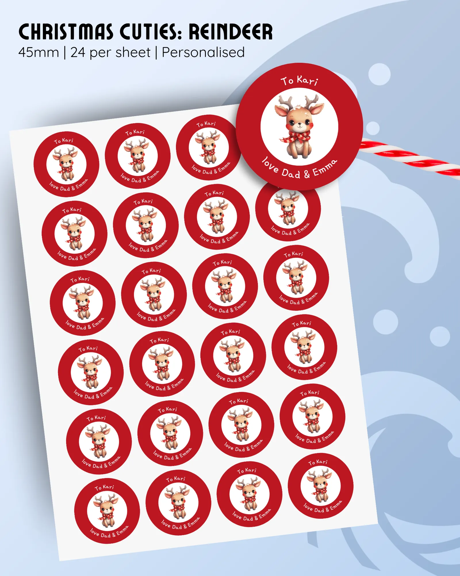 45mm personalised reindeer Christmas stickers, red background, 24 per sheet