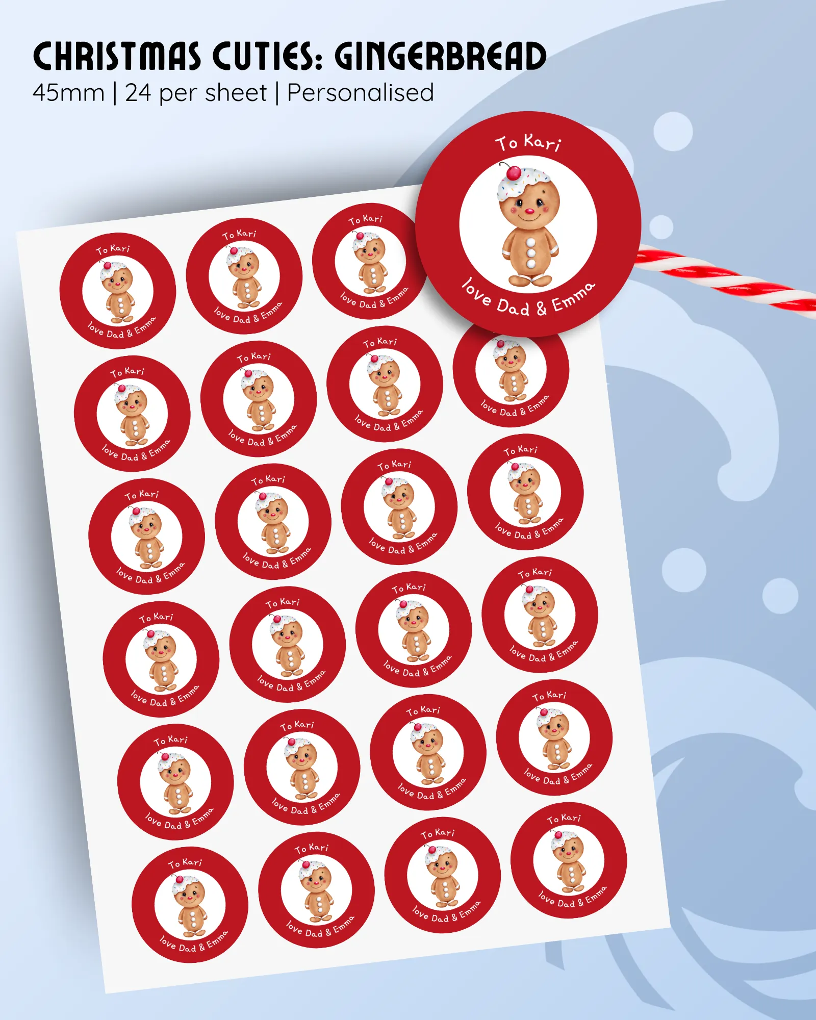45mm personalised gingerbread Christmas stickers, red background, 24 per sheet