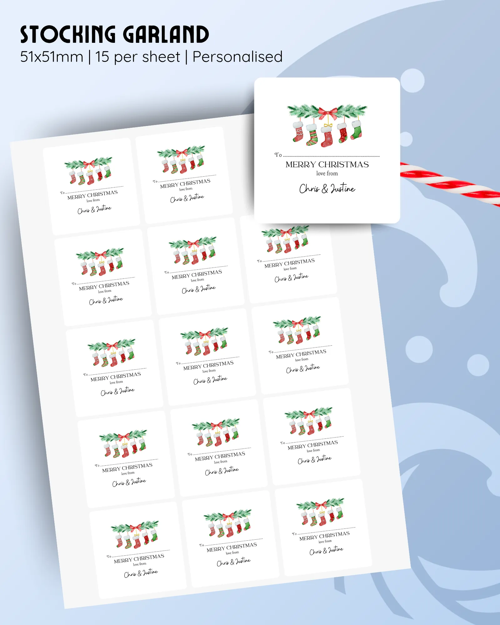 51x51mm personalised Christmas gift stickers, stocking garland design, 15 per sheet
