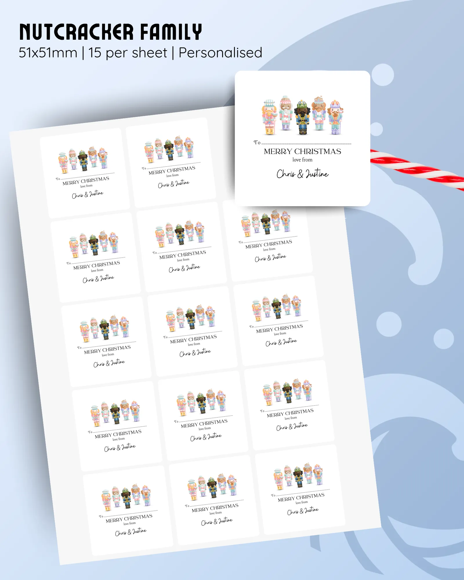 51x51mm personalised nutcracker family Christmas stickers, 15 per sheet