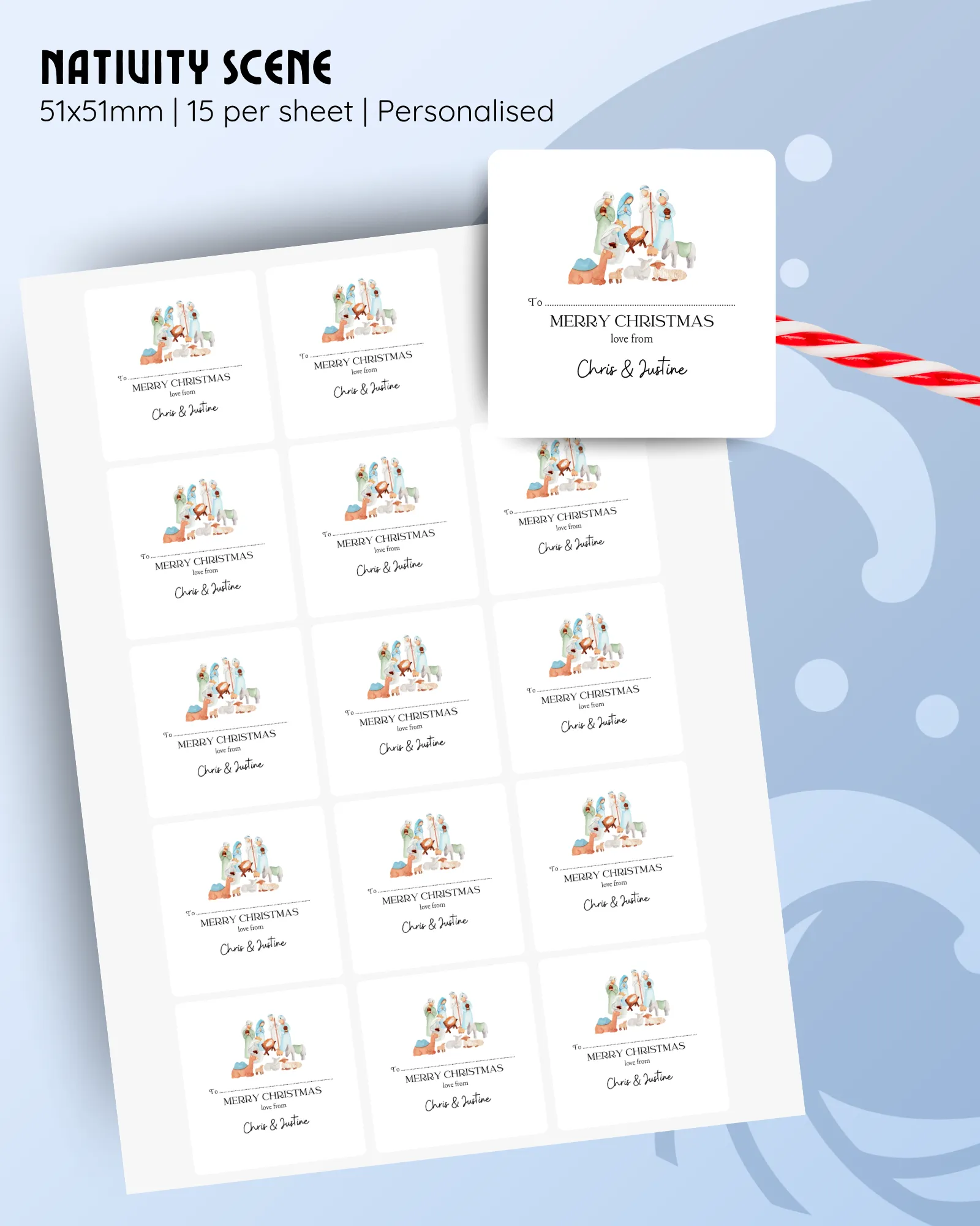 51x51mm personalised nativity scene Christmas stickers, 15 per sheet