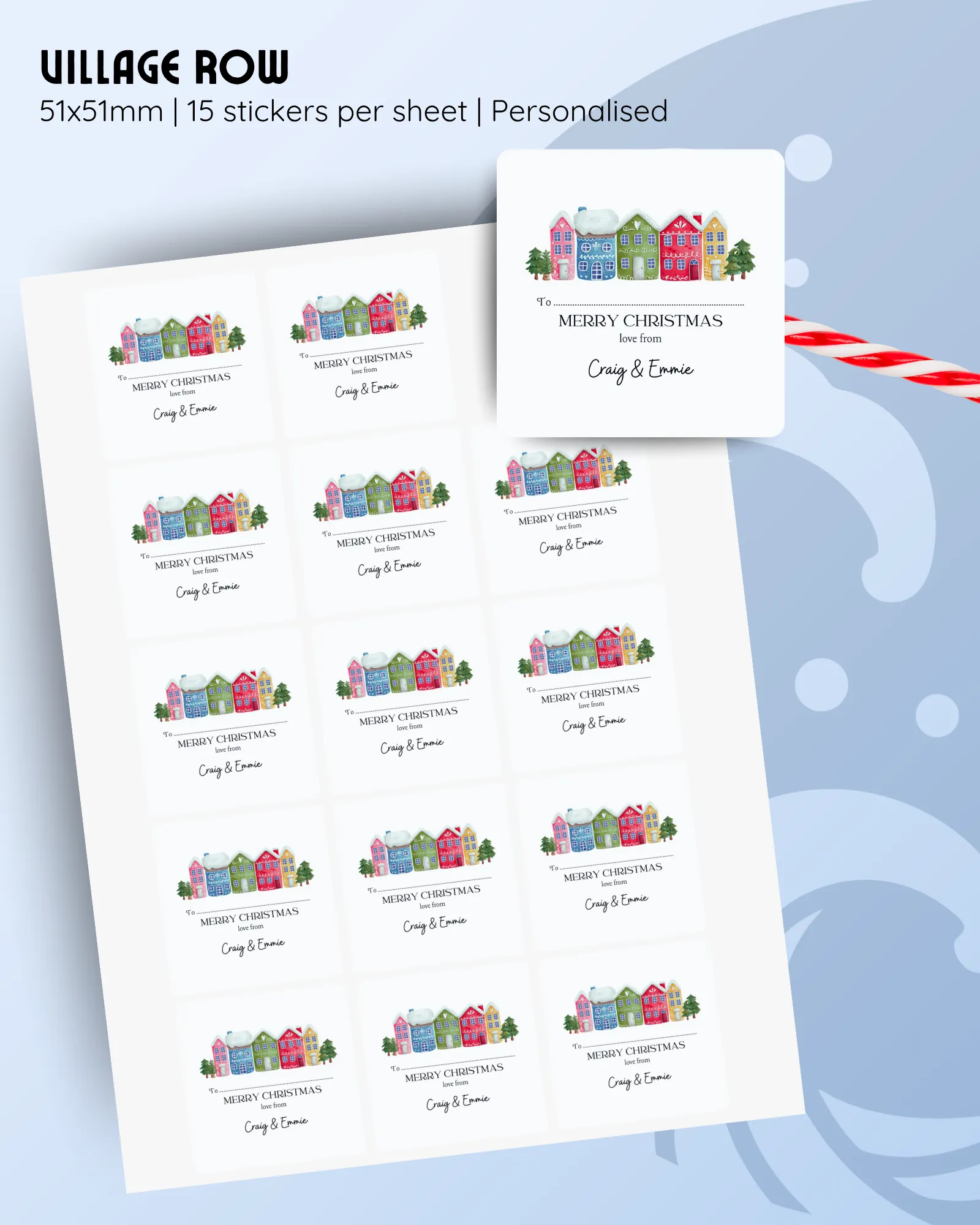 51x51mm personalised Christmas stickers with colourful village houses, 15 per sheet