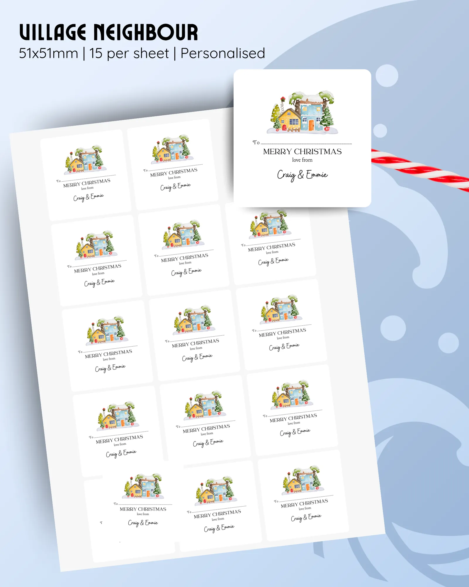 51x51mm personalised Christmas stickers featuring a cosy snowy house, 15 per sheet